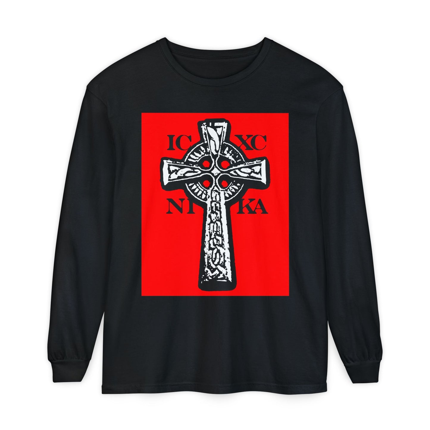 Black long-sleeve shirt featuring the ICXC NIKA Celtic Knotwork Cross in black and white on a bold red background—a traditional Orthodox Christian design celebrating Jesus Christ Conquers.