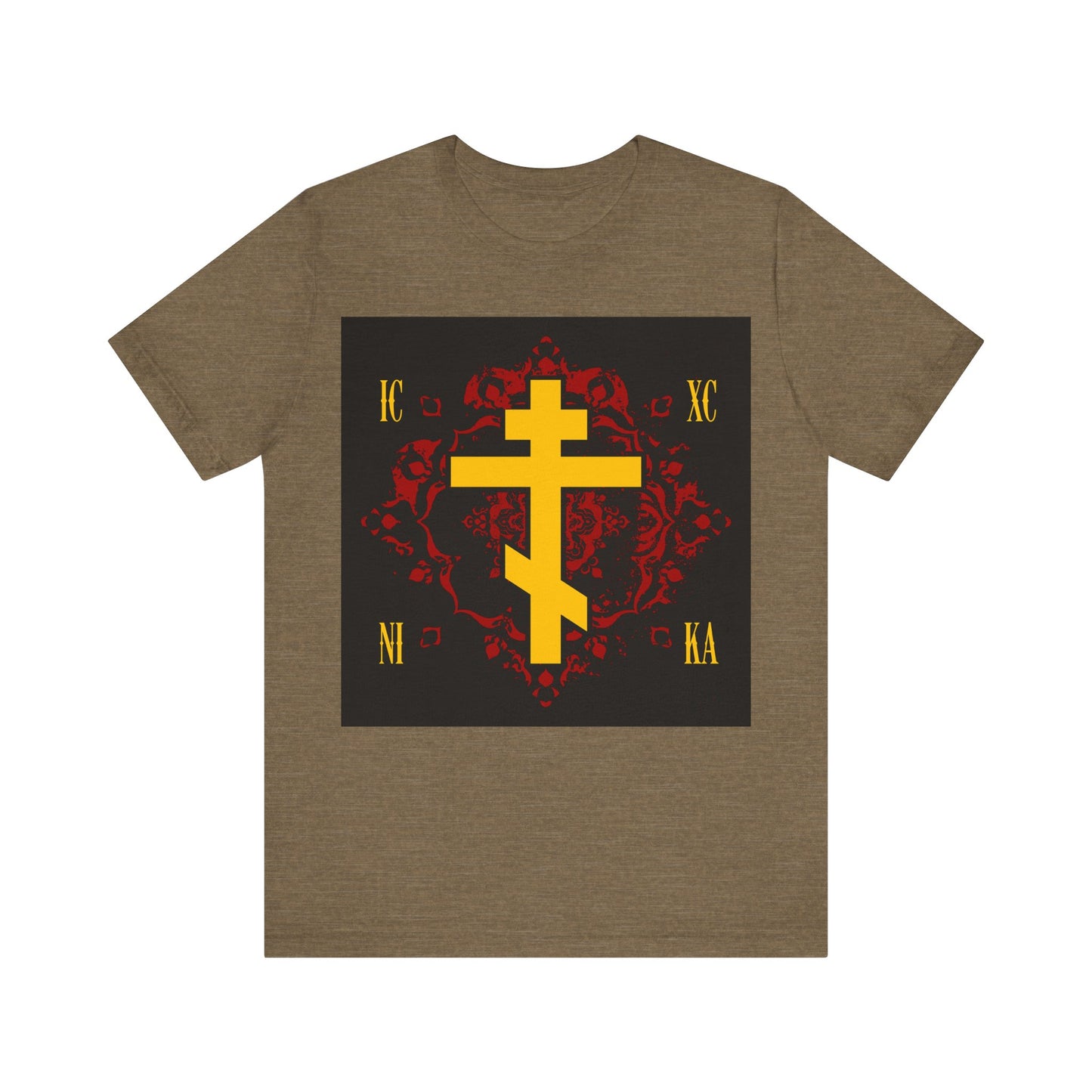 ICXC NIKA Yellow Russian Cross on Ornate Red Background Design | Jesus Christ Conquers | Orthodox Christian T-Shirt