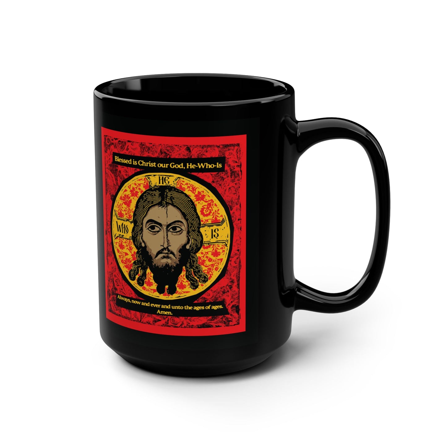 The "Made Without Hands" black mug by Remembrance of Death features a red, black, and yellow Orthodox icon of Jesus Christ (Mandylion), with English religious inscriptions, inspired by the Troparion t-shirt design.