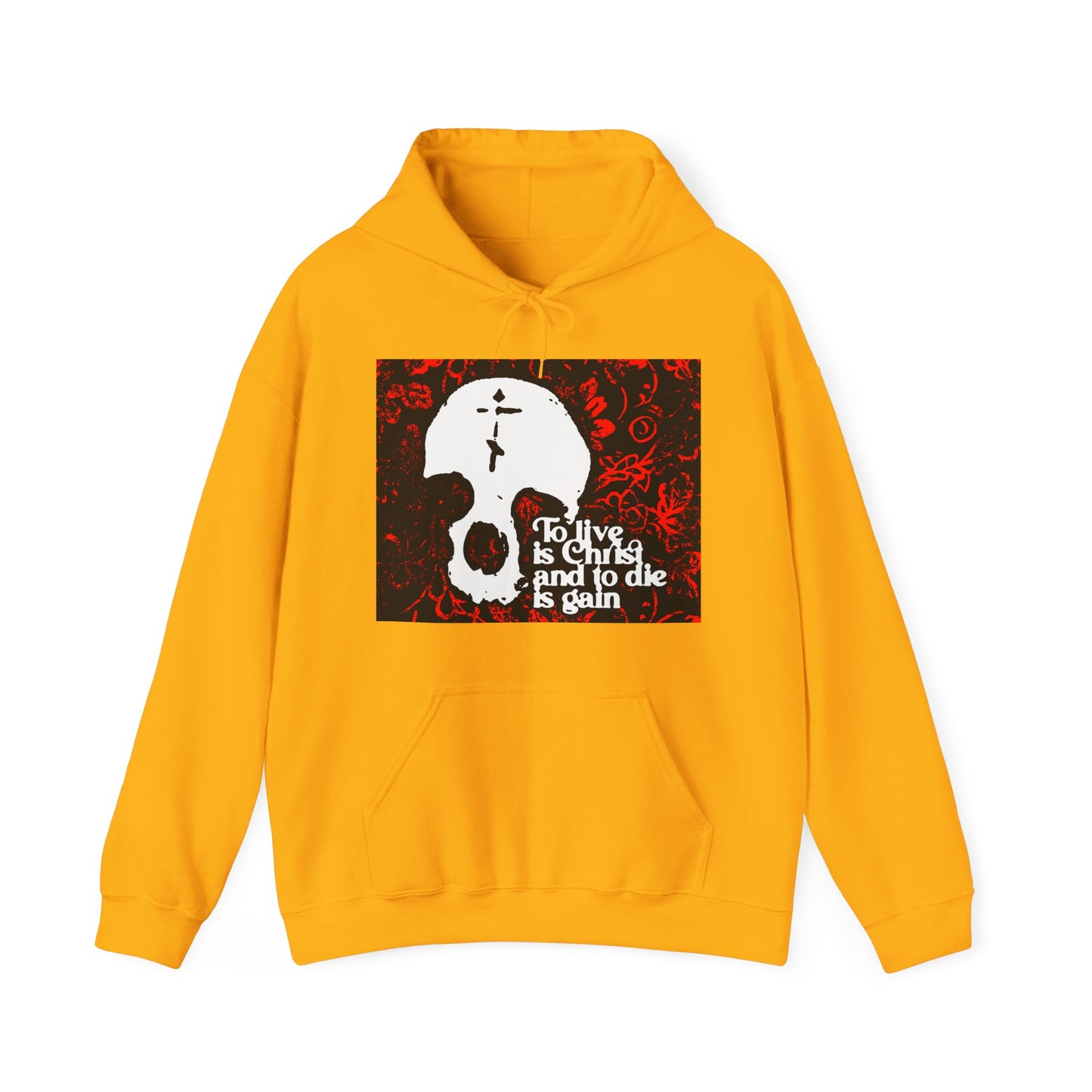 To Live is Christ To Die is Gain (Phil 1:21) | Skull with Cross on Red Floral Texture | Orthodox Christian Hoodie / Hooded Sweatshirt