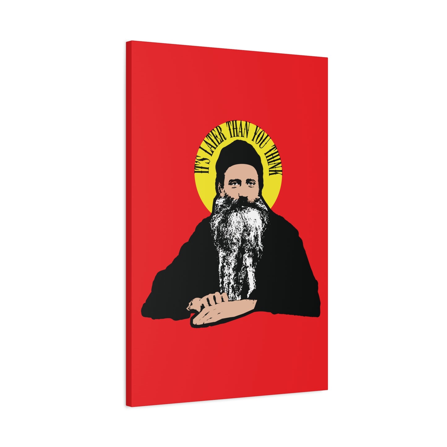 Modern Orthodox Christian wall art featuring a bearded saint with a yellow halo and the quote "IT'S LATER THAN YOU THINK" on a red background, inspired by Fr Seraphim Rose. Perfect for reflecting on life, death, and American Orthodox spirituality.