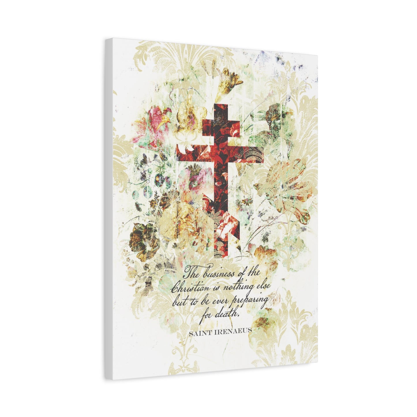 Preparing For Death | White & Beige Floral Scrapbook Texture Cross | Arts & Crafts Style | St Irenaeus | Orthodox Christian Canvas Art