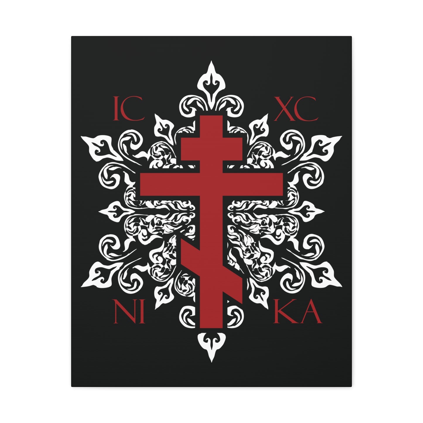 ICXC / NIKA Red Orthodox Cross on Ornate White Medieval Floral Design | Exclusive Best-Selling | Orthodox Christian Canvas Art