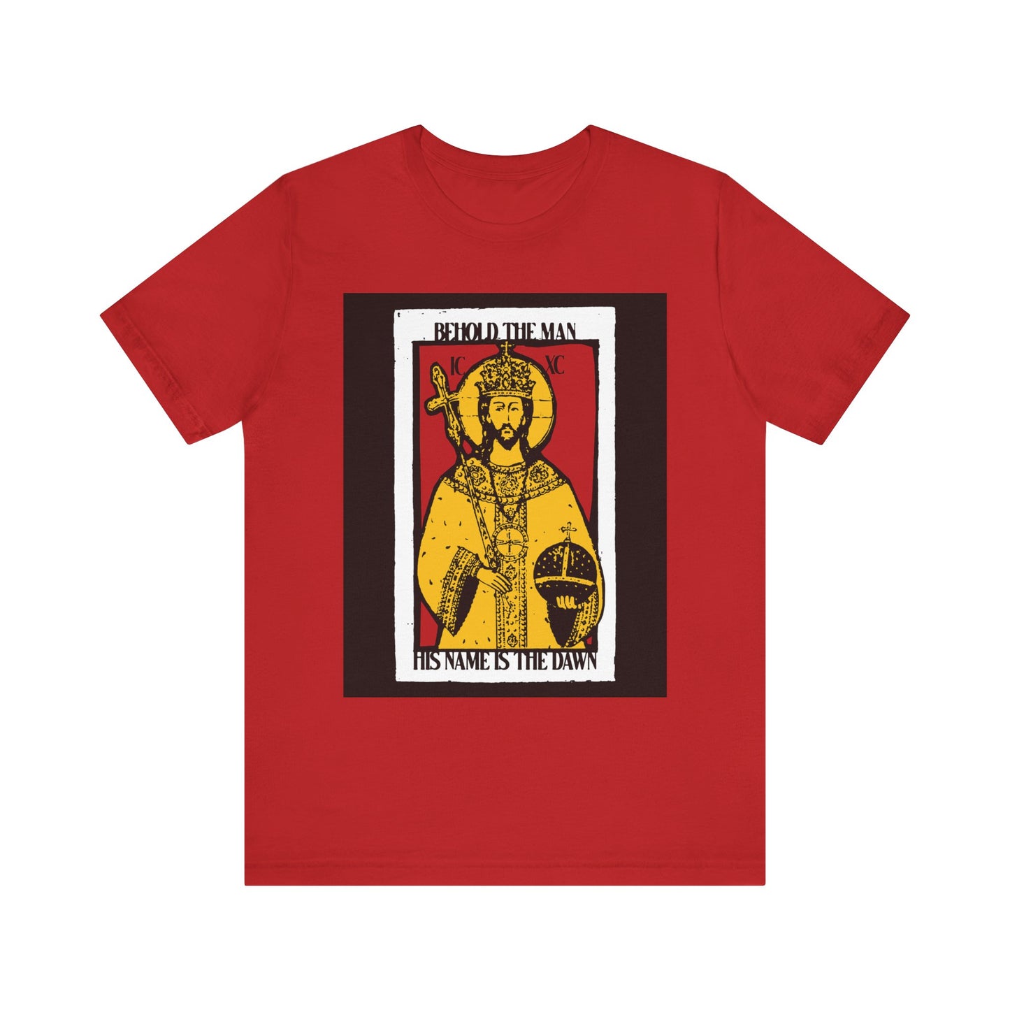 Red lightweight cotton unisex tee featuring a Christ iconographic design with “Behold the Man, His Name is the Dawn” from Zechariah 6:12 LXX in red and yellow. Messianic inspiration symbolizing resurrection and Dayspring.