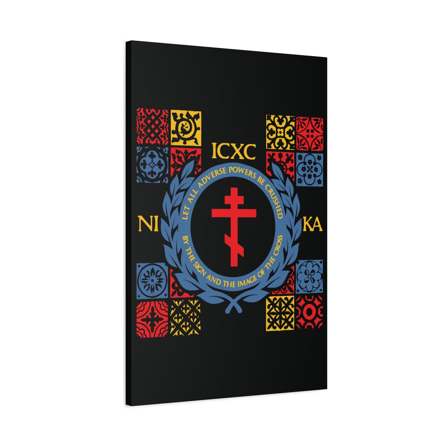 Let All Adverse Powers Be Crushed (Red, Yellow & Blue Design) | ICXC NIKA | Medieval Tile Design | Orthodox Christian Canvas Art