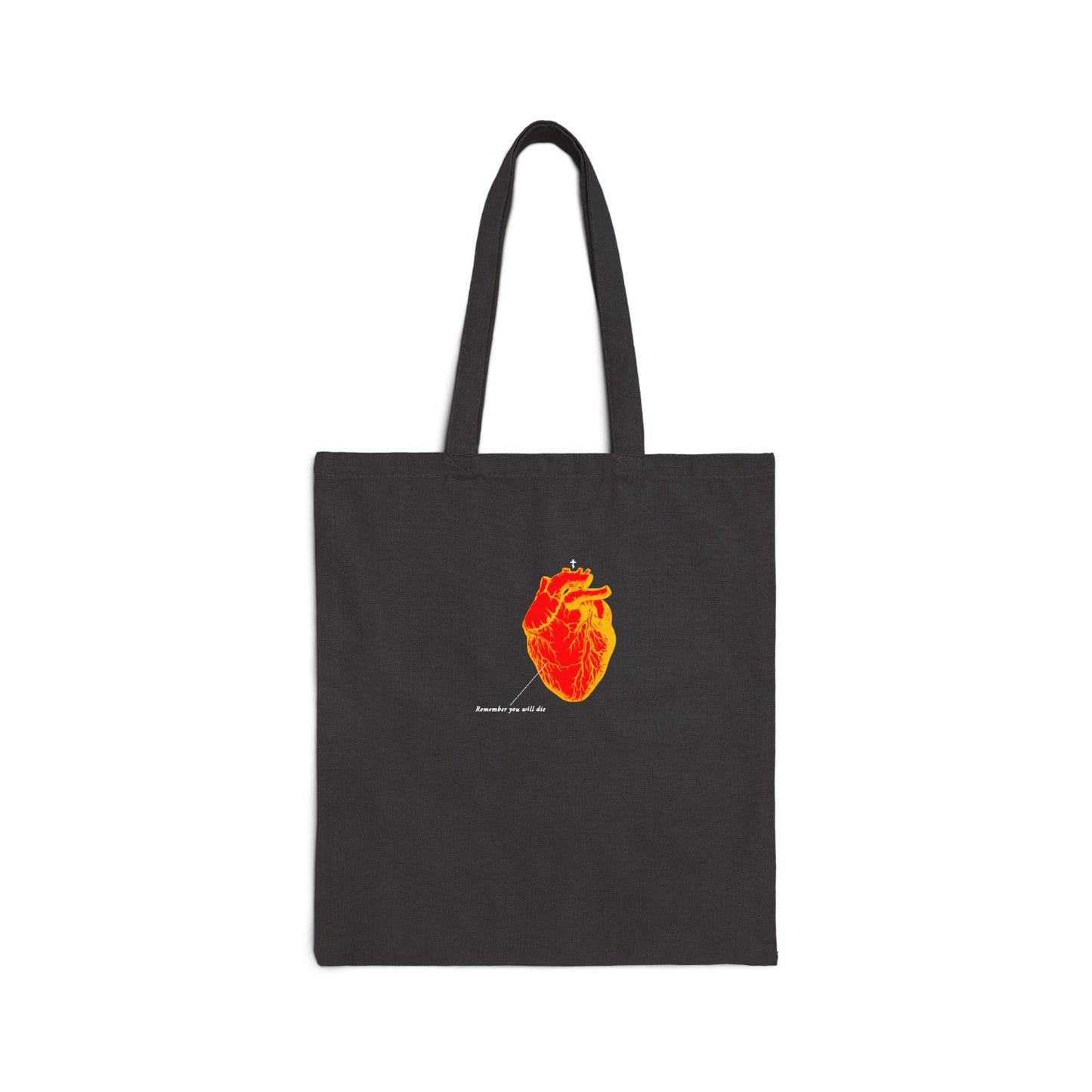 Black tote bag featuring an inverted red & orange anatomical heart with "Remember You Will Die" retro medical textbook design, memento mori, Orthodox Christian theme.