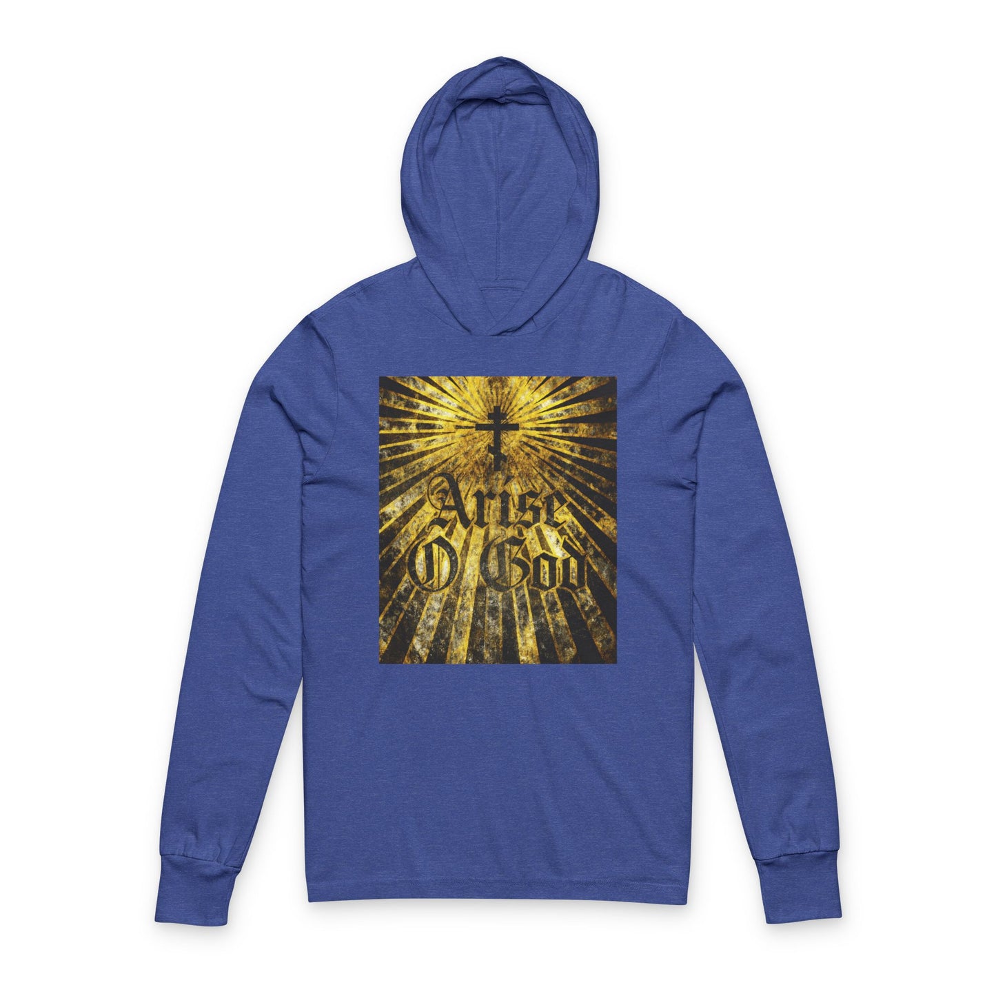 Heather True Royal hooded shirt featuring "Arise O God" in textured Gothic font, Orthodox cross, and golden rays—Psalm 81 (82 LXX) inspired, highlighting the Divine Council worldview.