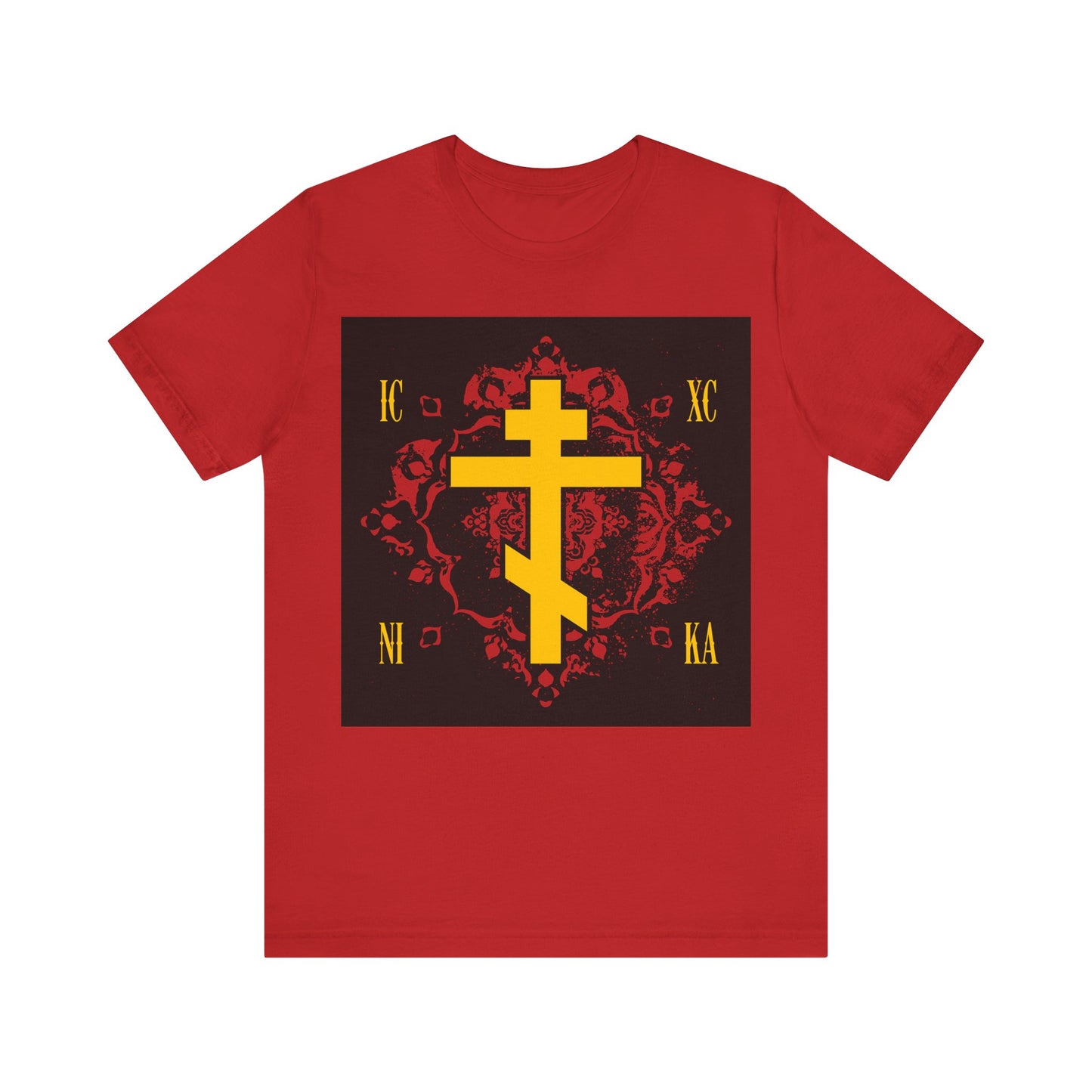 ICXC NIKA Yellow Russian Cross on Ornate Red Background Design | Jesus Christ Conquers | Orthodox Christian T-Shirt