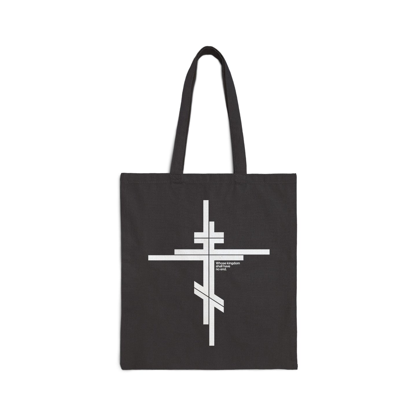 Black cotton tote bag featuring a modernist minimalist Orthodox Cross and "Whose Kingdom Shall Have No End" (Luke 1:32-33) in white, symbolizing the eternal Kingdom of God.