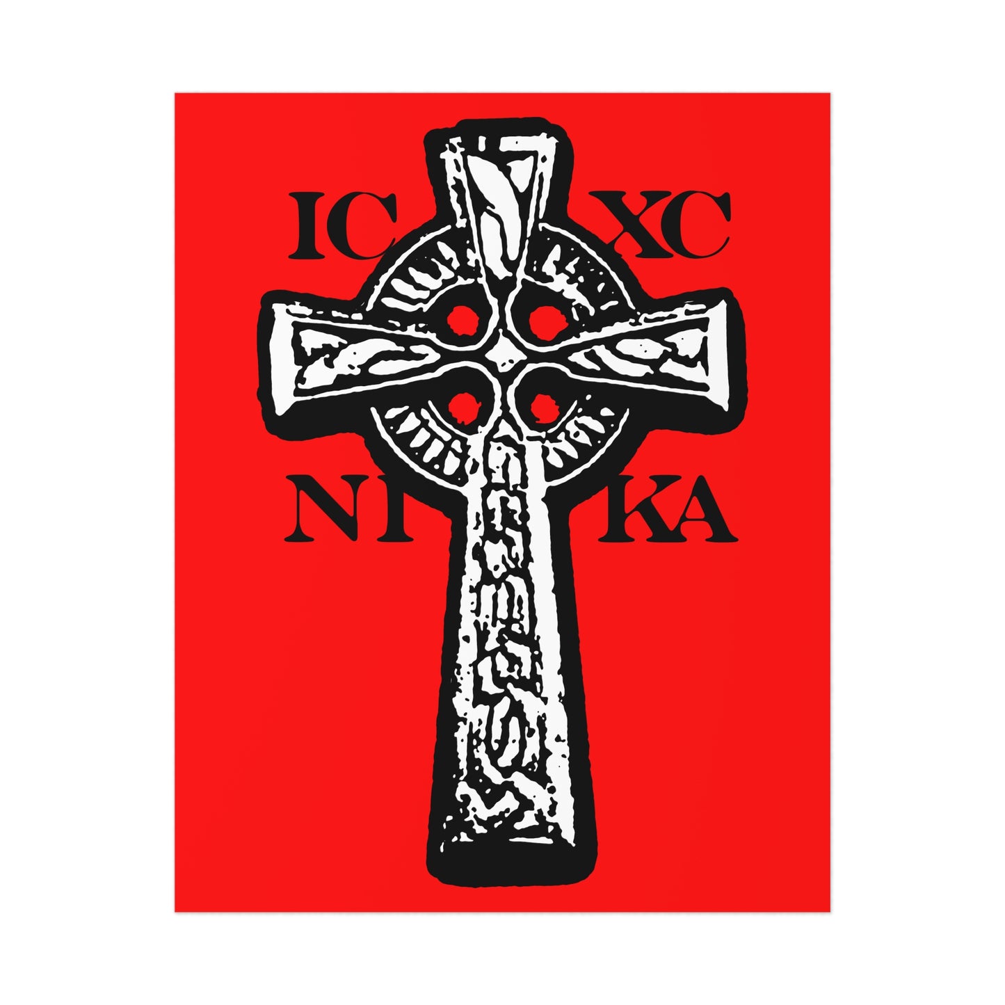 The ICXC NIKA Celtic Knotwork Cross poster features a black and white cross with Greek letters on a red background, symbolizing “Jesus Christ Conquers” in traditional Orthodox Christian art.