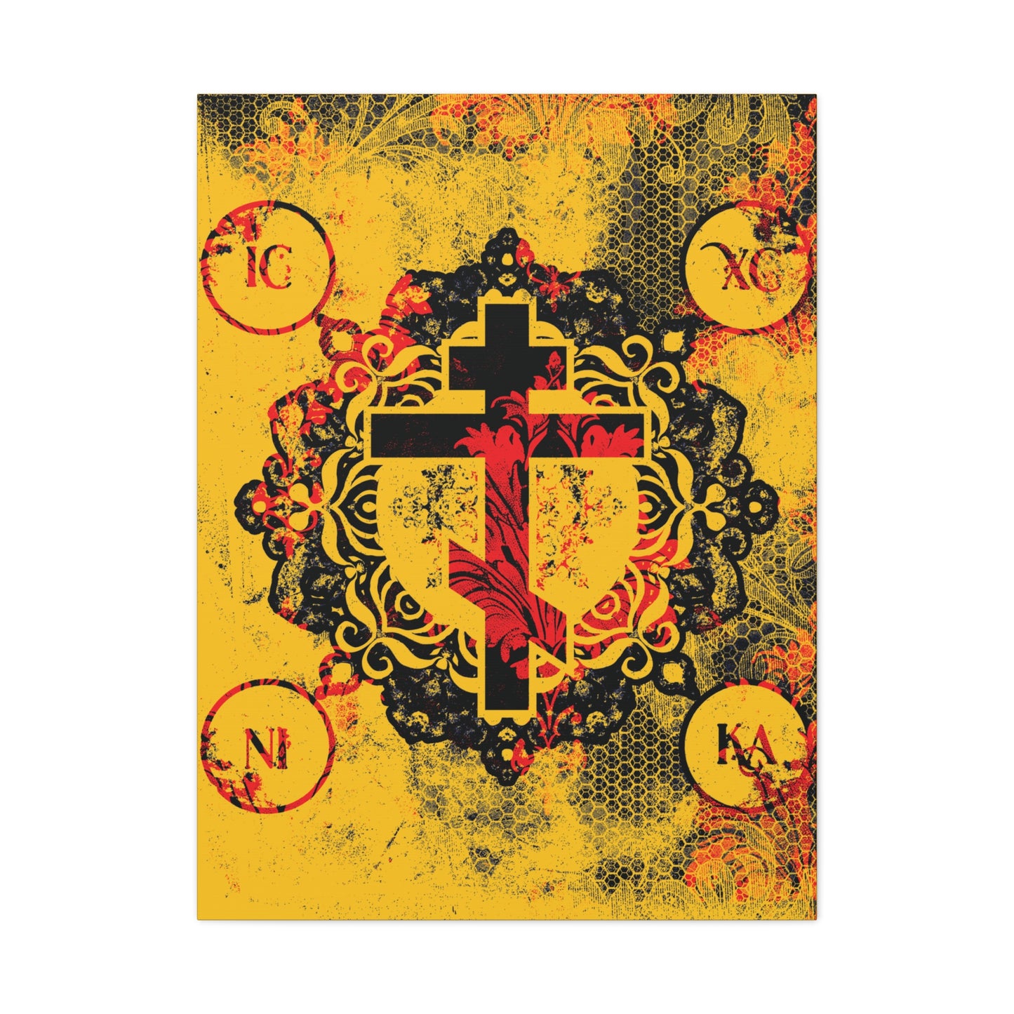 IC XC NIKA Orthodox Cross | Yellow & Red Modern & Medieval Textured Floral Design | Orthodox Christian Canvas Art