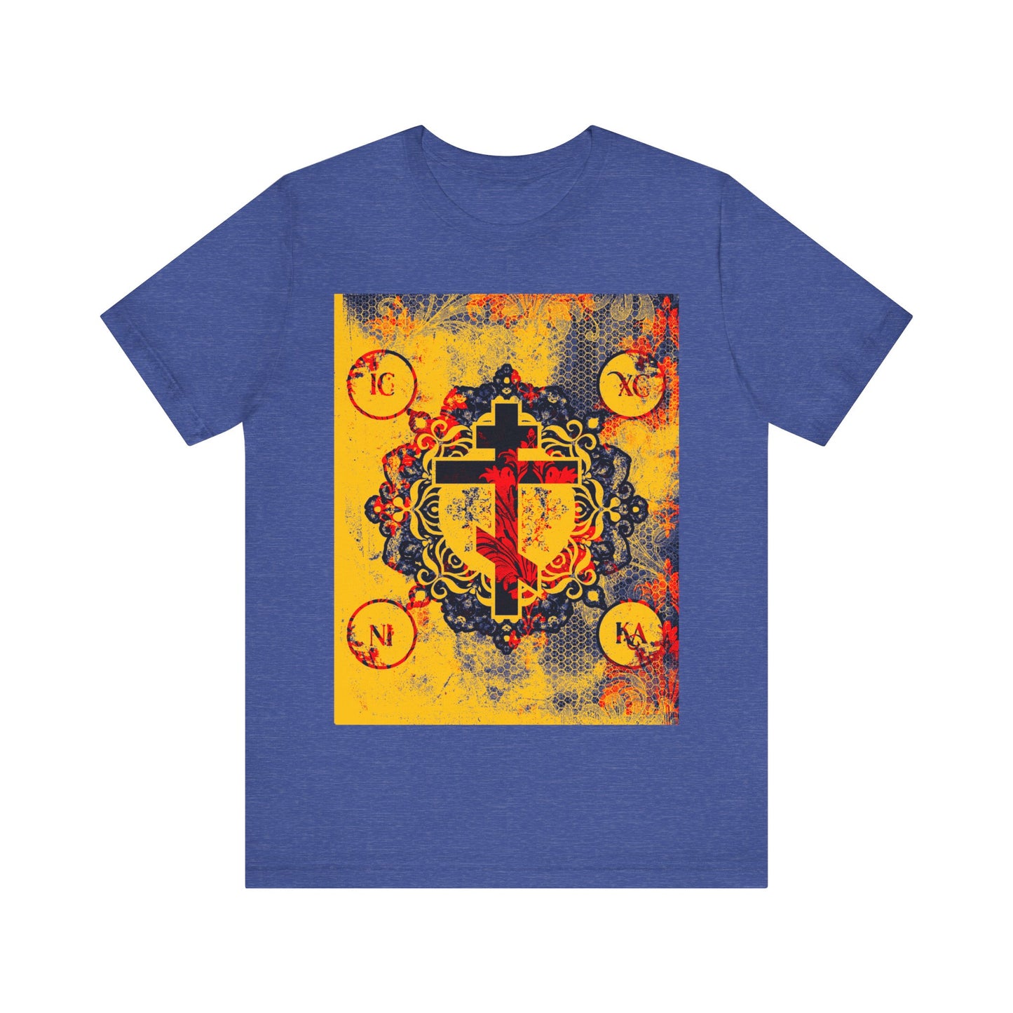 The IC XC NIKA Orthodox Cross T-shirt in Heather True Royal features a yellow and red modern medieval textured floral cross, with circular corner motifs, inspired by the mystery of the Cross and Christ’s sacrifice.