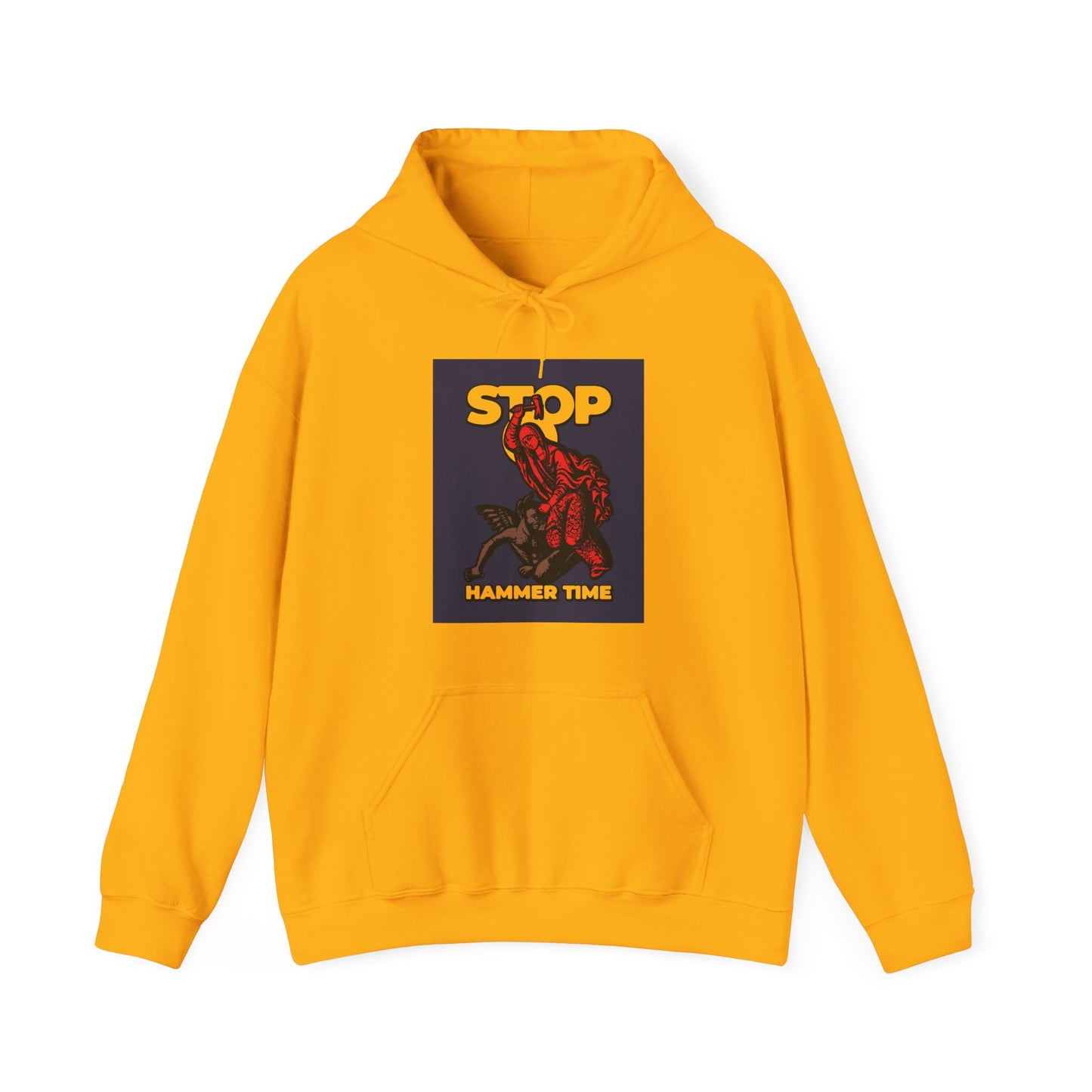 The "St Marina of Antioch Beating the Devil with a Hammer" hoodie features a red crab graphic with "STOP" above and "HAMMER TIME" below—a modern Orthodox meme in red, blue, and yellow for Christian hoodie fans.