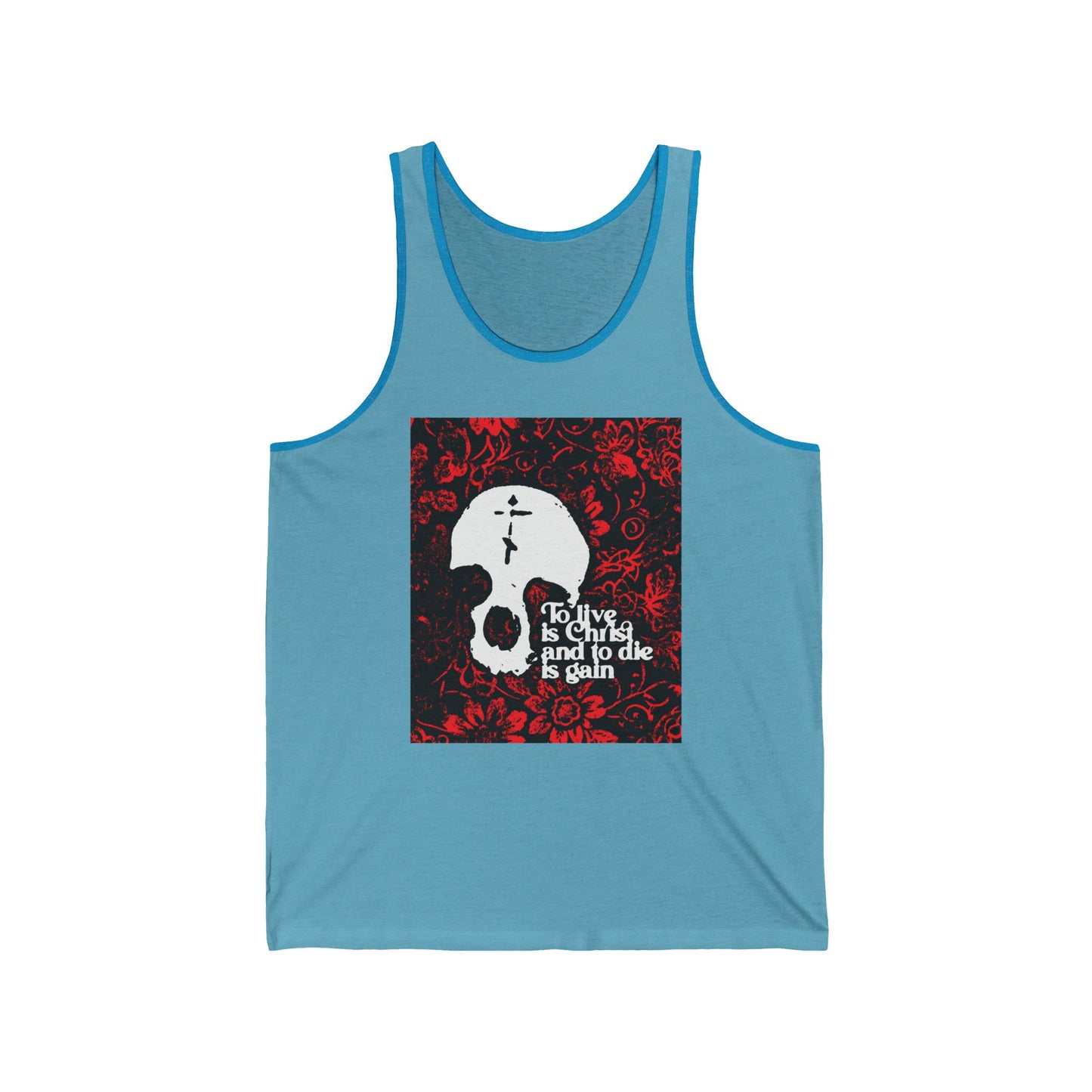 To Live is Christ To Die is Gain (Phil 1:21) | Skull with Cross on Red Floral Texture | Orthodox Christian Jersey Tank Top / Sleeveless Shirt