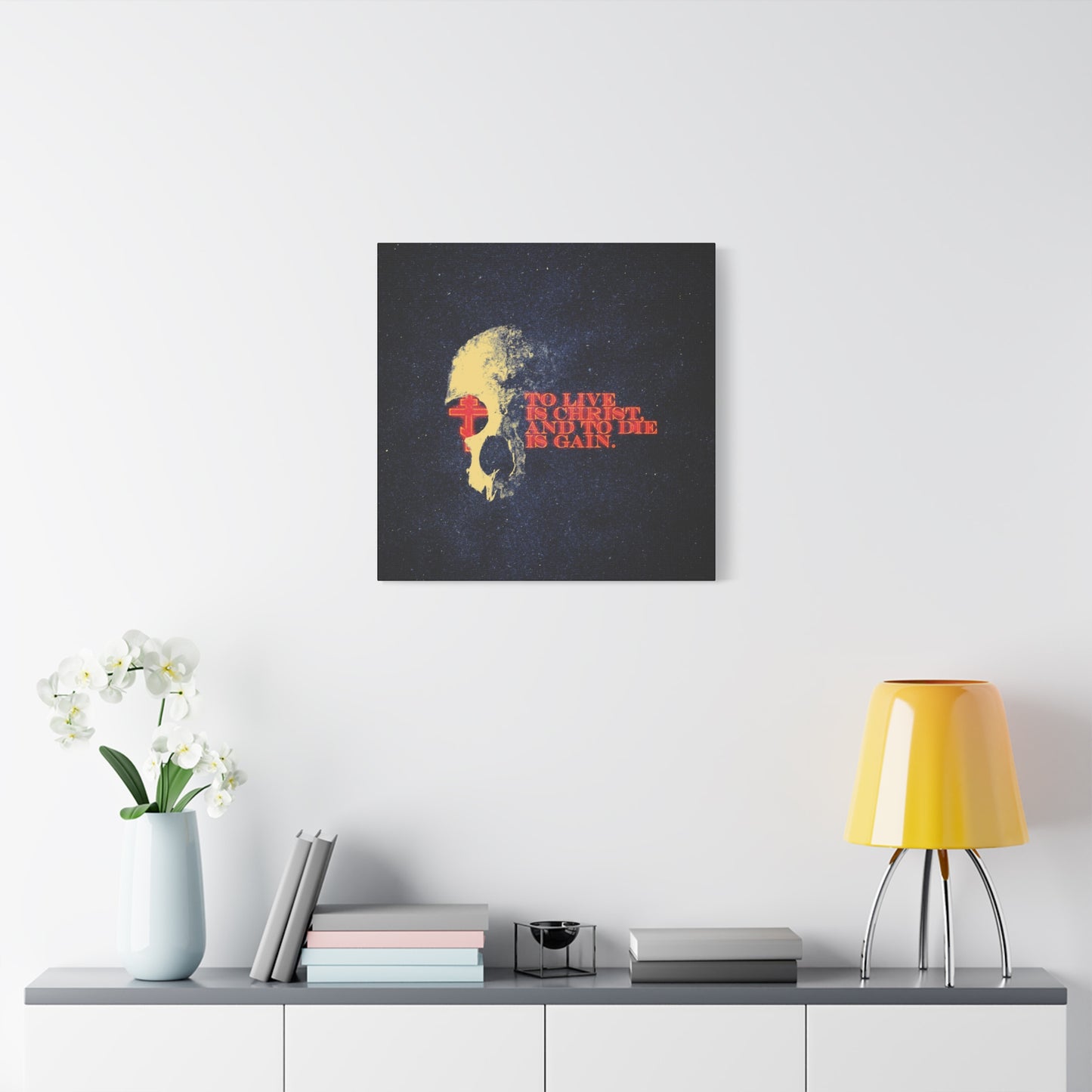 To Live is Christ and to Die is Gain | Phil 1:21 | Retro Texture | Glowing Letters and Cross with Skull | Orthodox Christian Canvas Art