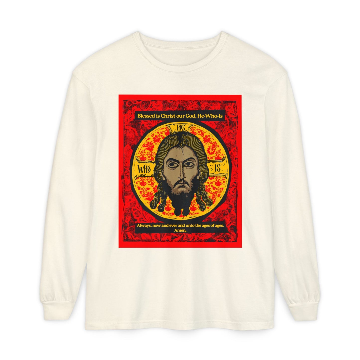 The Remembrance of Death "Made Without Hands (Mandylion/Image of Edessa)" long sleeve shirt features a red, black, and yellow Orthodox icon of Jesus Christ with Troparion Tone 2 text above and below the image.