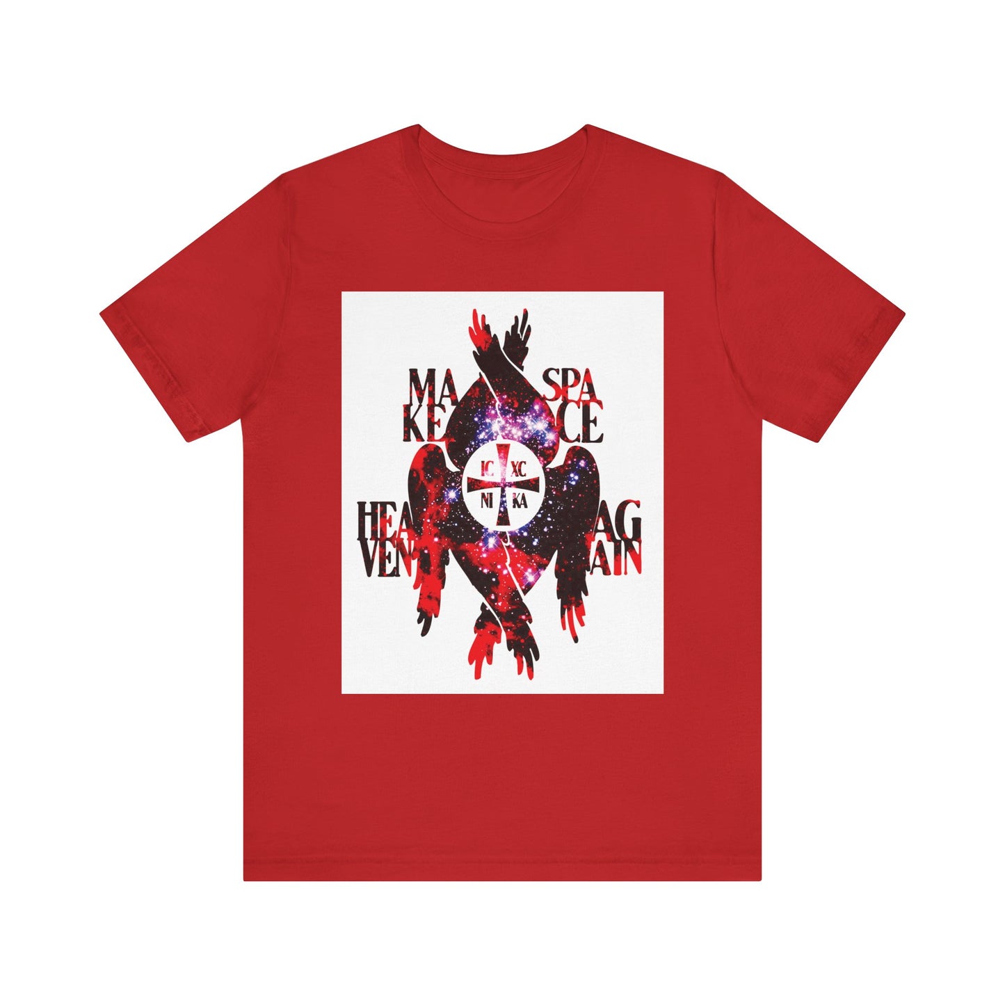 Red "Make Space Heaven Again" unisex lightweight cotton t-shirt, featuring cosmic textures, the ICXC NIKA cross, and seraphim wings—a design inspired by Orthodox Christian tradition and the celestial majesty of angels.