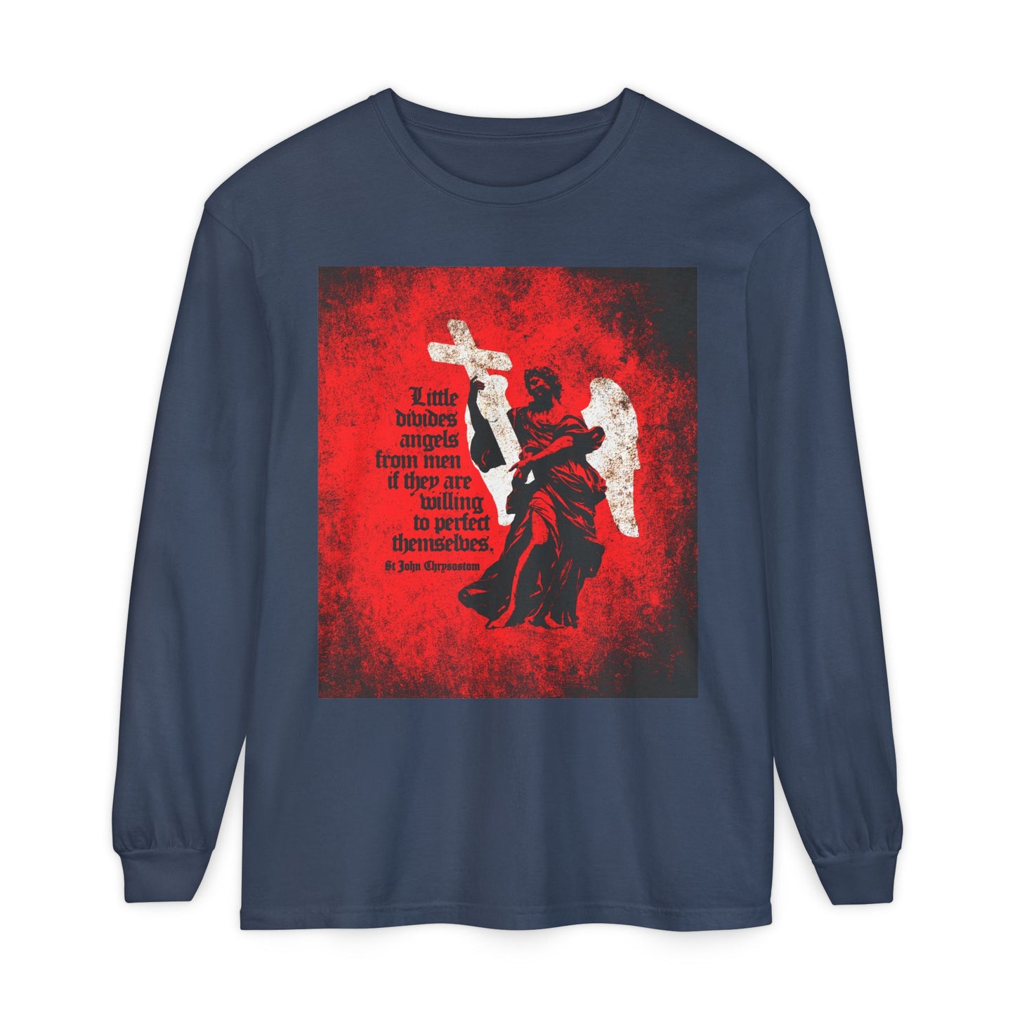 Little Divides Angels from Men | Christian Perfection | St John Chrysostom | Textured Cemetery Angel | Orthodox Christian Long Sleeve Shirt