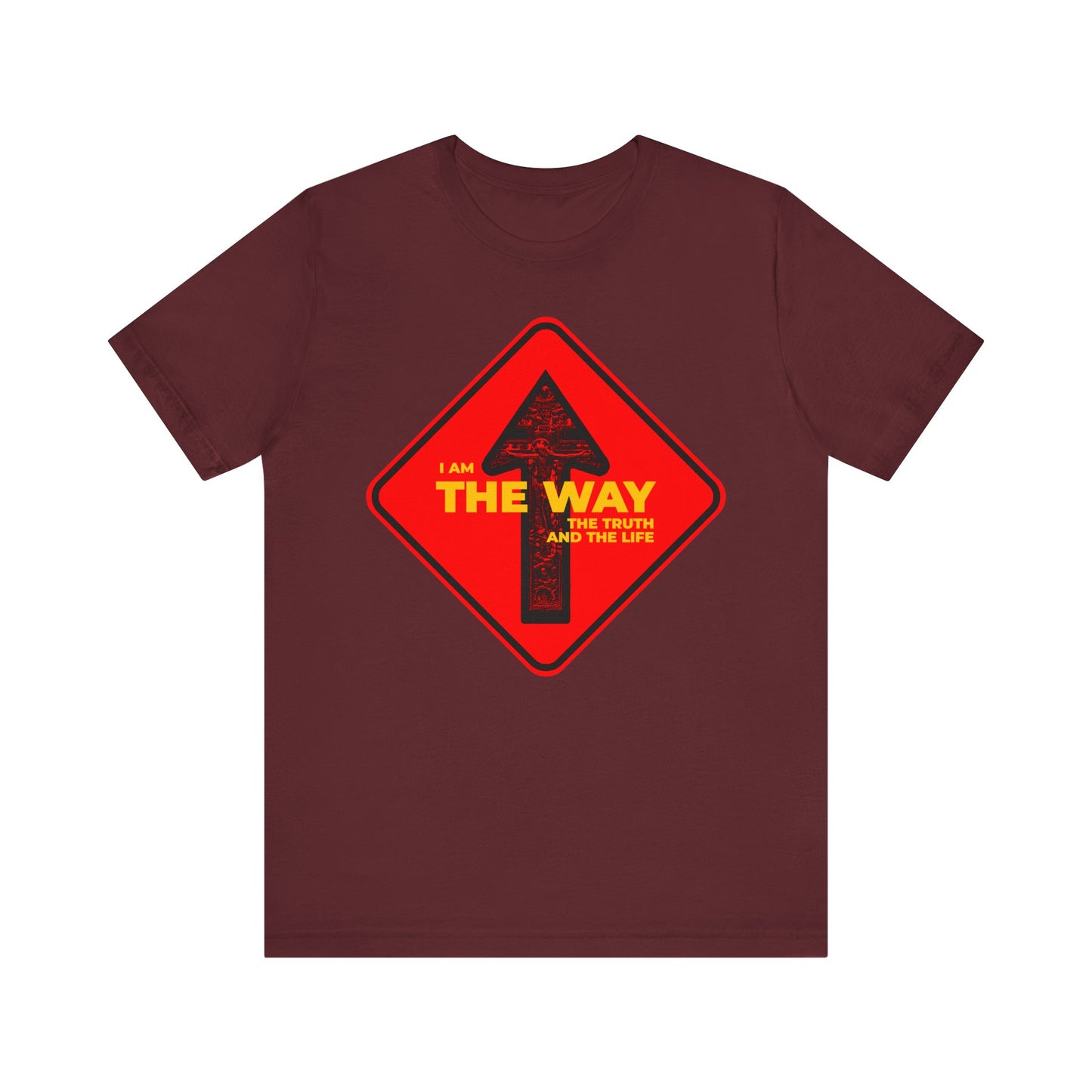Show your faith with this maroon "I Am the Way, the Truth and the Life" unisex cotton tee, featuring a street sign one way arrow crucifix design—perfect for Orthodox Christians seeking inspiration and style.