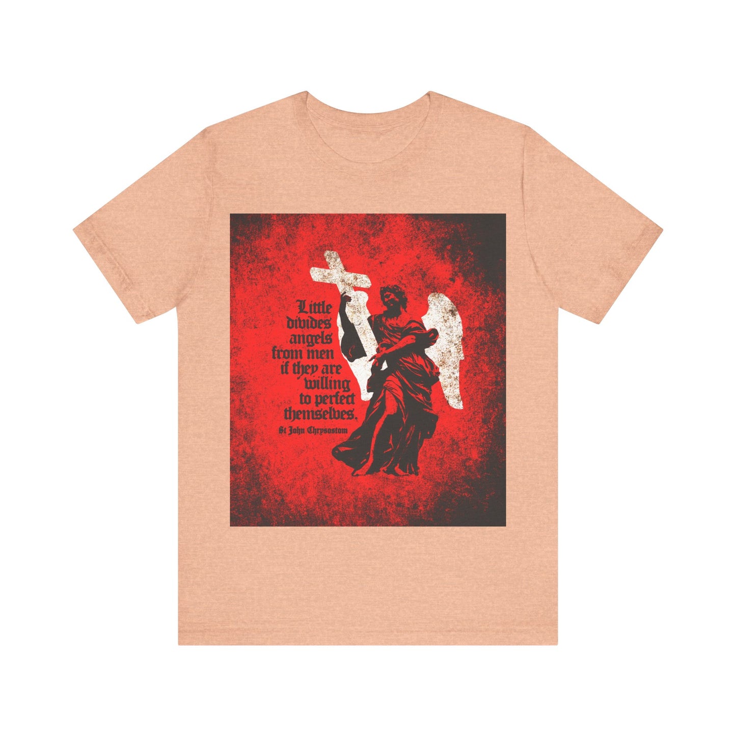 Heather Peach T-shirt featuring a textured cemetery angel and the quote "Little divides angels from men" by St John Chrysostom; a unique Orthodox Christian perfection graphic.