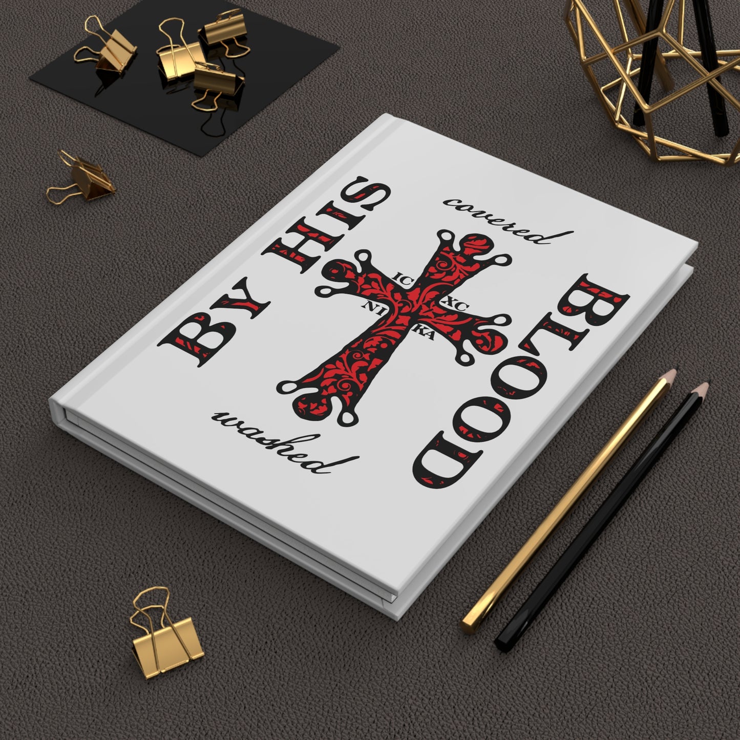 Washed/Covered By His Blood (1 John 1:7) | ICXC NIKA Ornate Red Orthodox Cross | Orthodox Christian Hardcover Journal