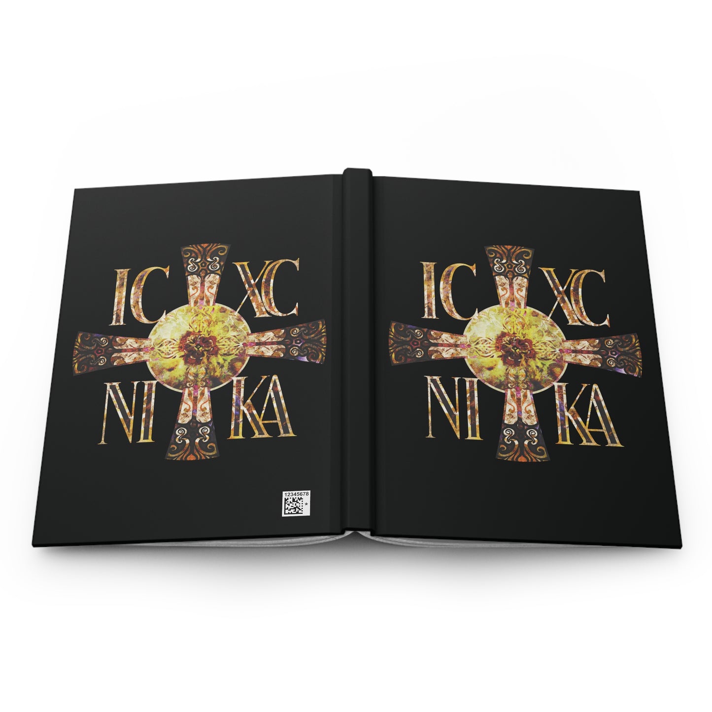 ICXC NIKA Celtic Style Equal Armed Cross | Bright Solar Texture | Orthodox Christian Hardcover Journal
