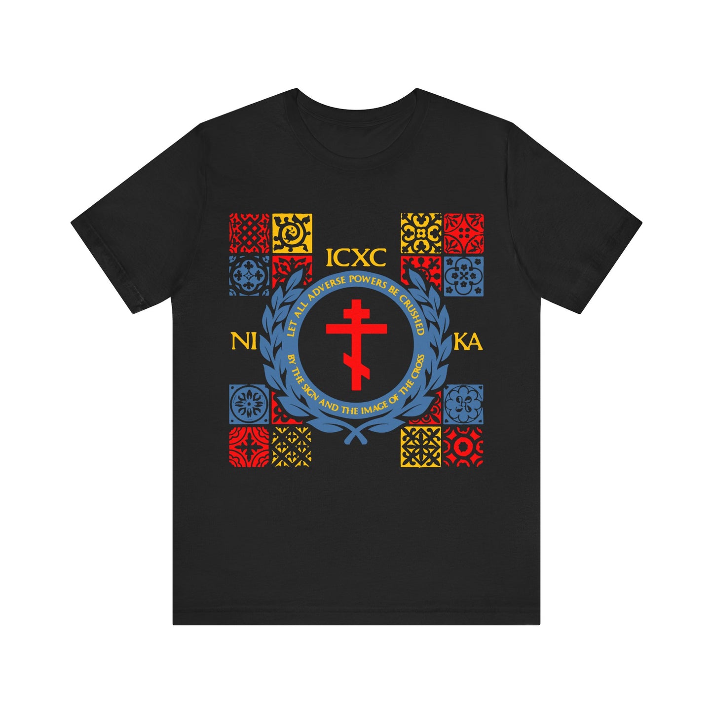 Let All Adverse Powers Be Crushed (Red, Yellow & Blue Design) | ICXC NIKA | Medieval Tile Design | Orthodox Christian T-Shirt