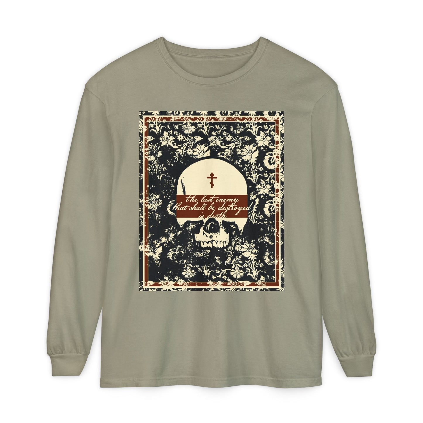 The Last Enemy That Shall Be Destroyed is Death (1 Cor 15:26) | Earthtone Skull and Floral Design | Resurrection | Orthodox Christian Cotton Long Sleeve Shirt
