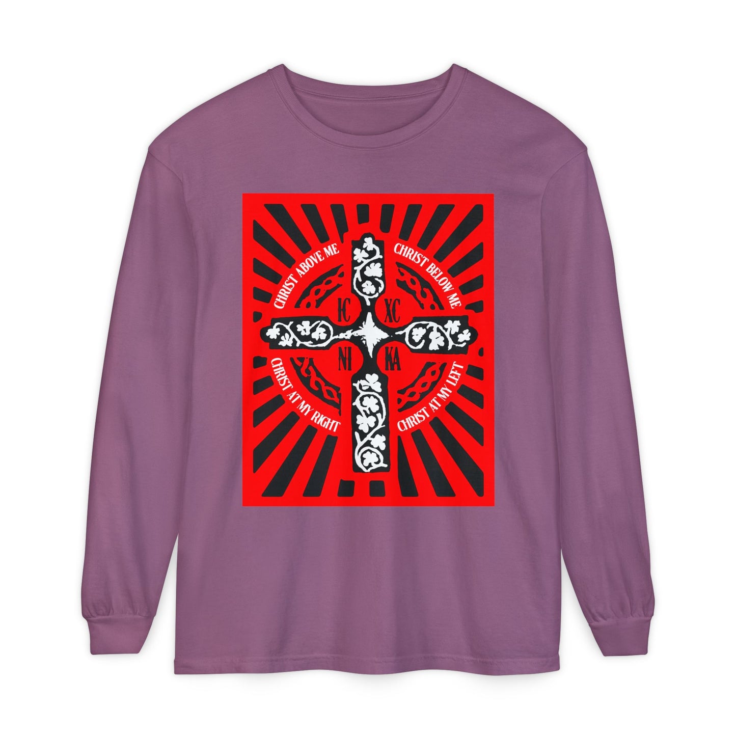 Red ICXC NIKA Enniskillen Celtic Cross | Lorica of St. Patrick | Shield Prayer | Orthodox Christian Long Sleeve Shirt