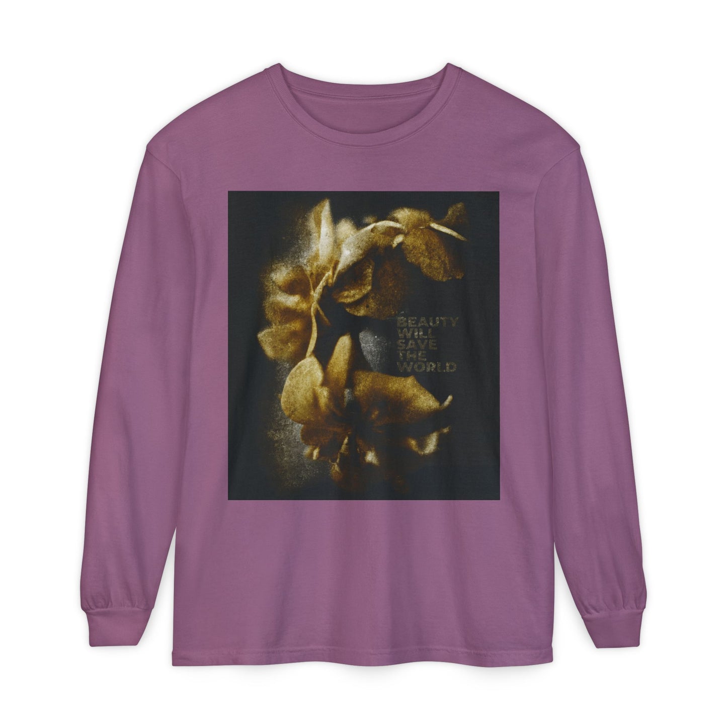 Berry long-sleeve shirt with original photography and “Beauty Will Save the World” on the front, inspired by Dostoevsky and glorifying Jesus Christ, Universal Creator & King.