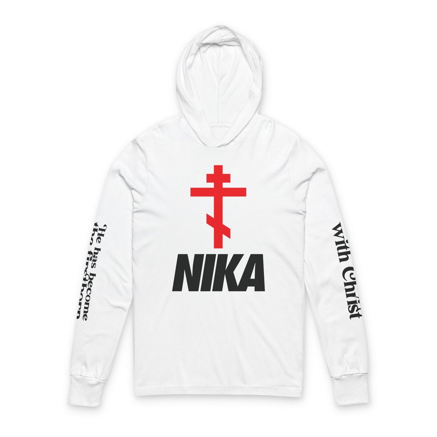 NIKA Orthodox Cross NIKE Logo Mashup | Crucified With Christ | Firstborn of the Dead | Sleeve Prints | Orthodox Long Sleeve Hooded Shirt