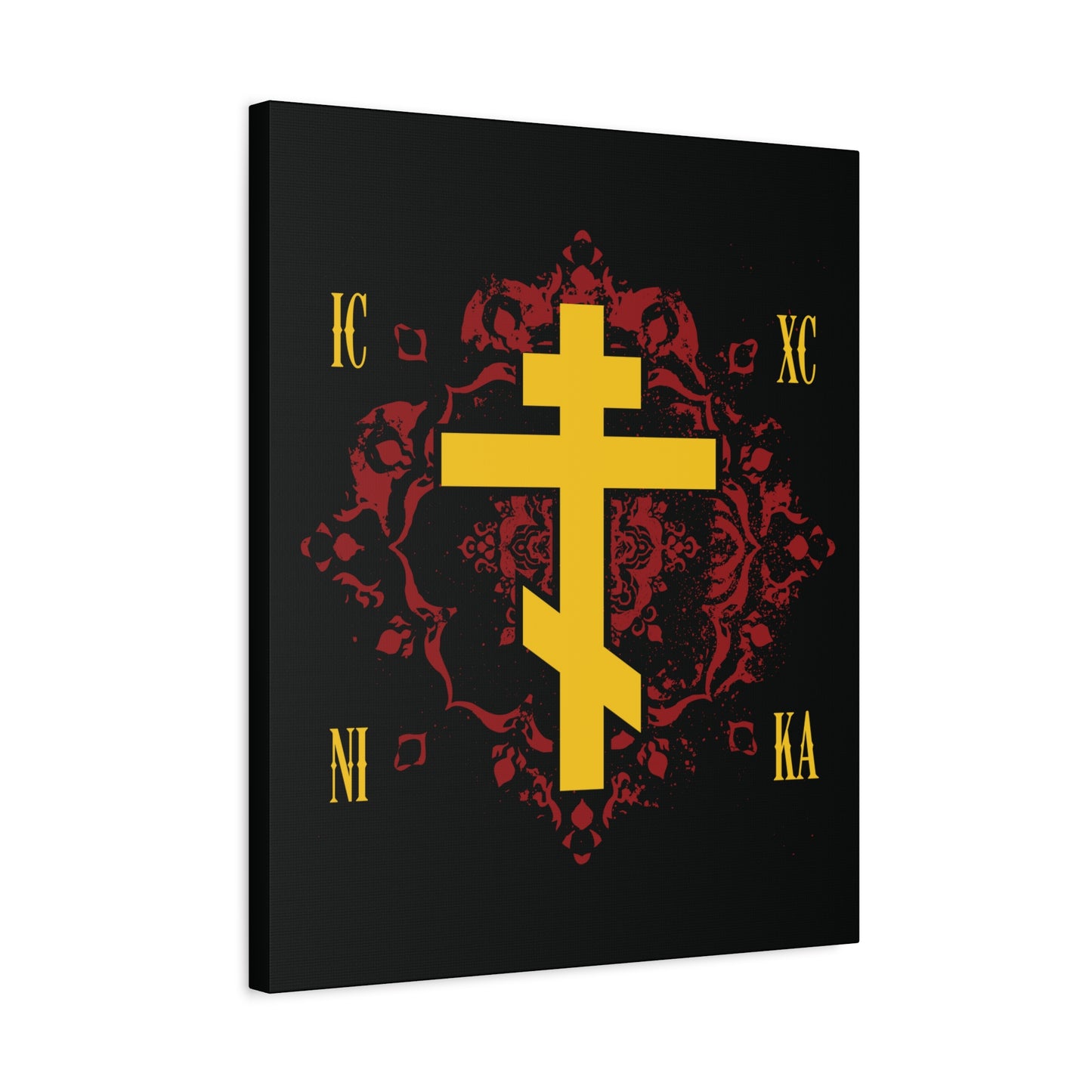 The "ICXC NIKA Yellow Russian Cross on Ornate Red Background" canvas art features a yellow cross, floral red backdrop, and IC XC NI KA letters on black, symbolizing Jesus Christ’s victory in Orthodox faith.