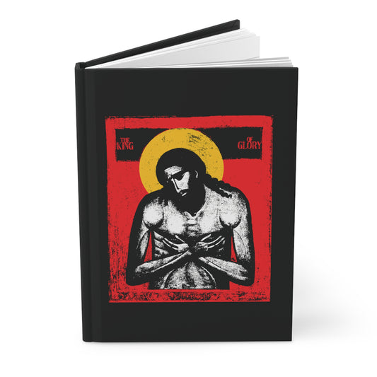 Hardcover journal titled "The King of Glory Jesus Christ 'Extreme Humility' IconoGraphic" features a red, yellow, white, and black stylized image, inspired by Philippians 2, for Christian devotion and Orthodox reflection.