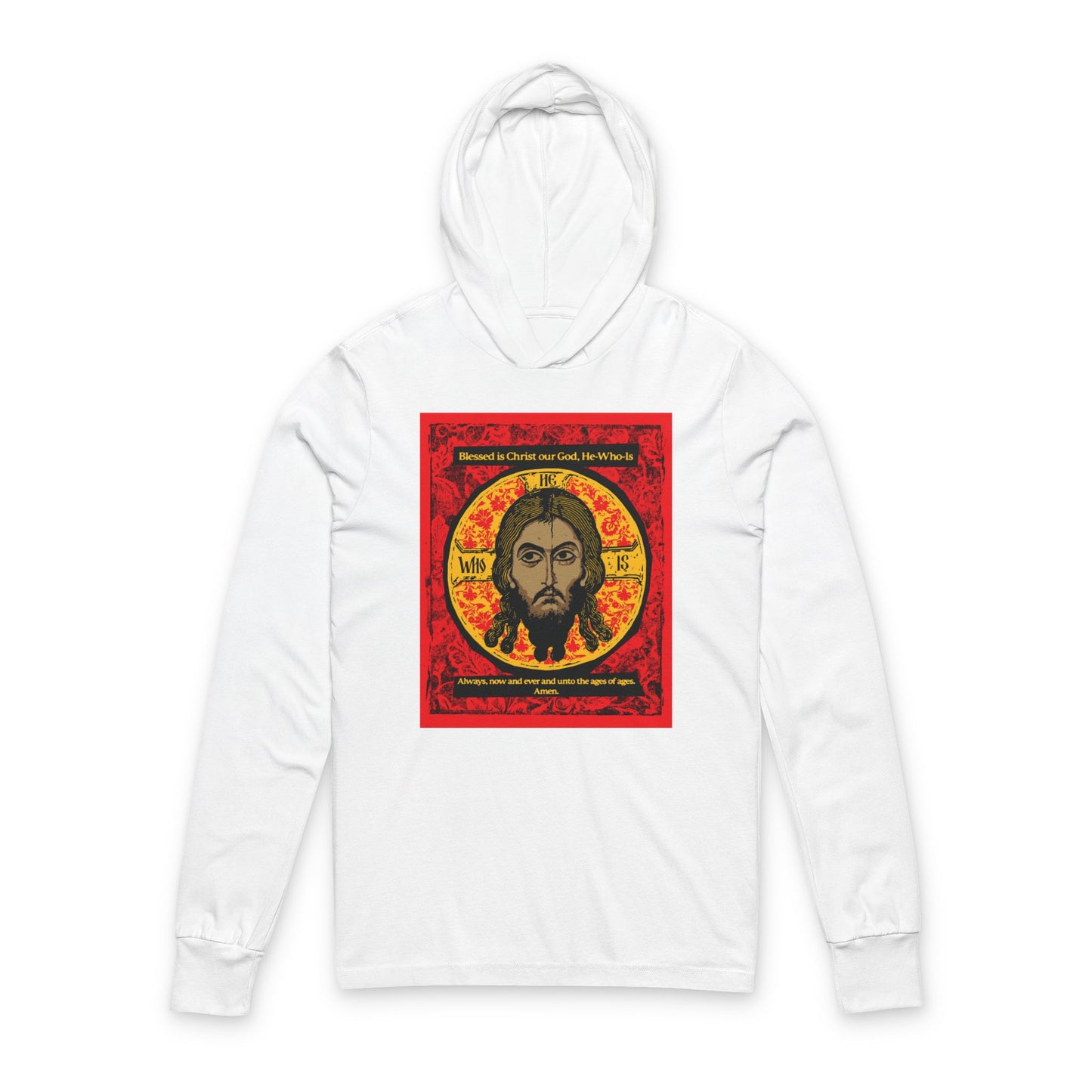 The Remembrance of Death "Made Without Hands" Orthodox Hooded Shirt features a detailed rectangular graphic of Jesus Christ’s face (Mandylion) in red, black, and yellow, with ornate patterns and religious text celebrating Orthodox tradition.