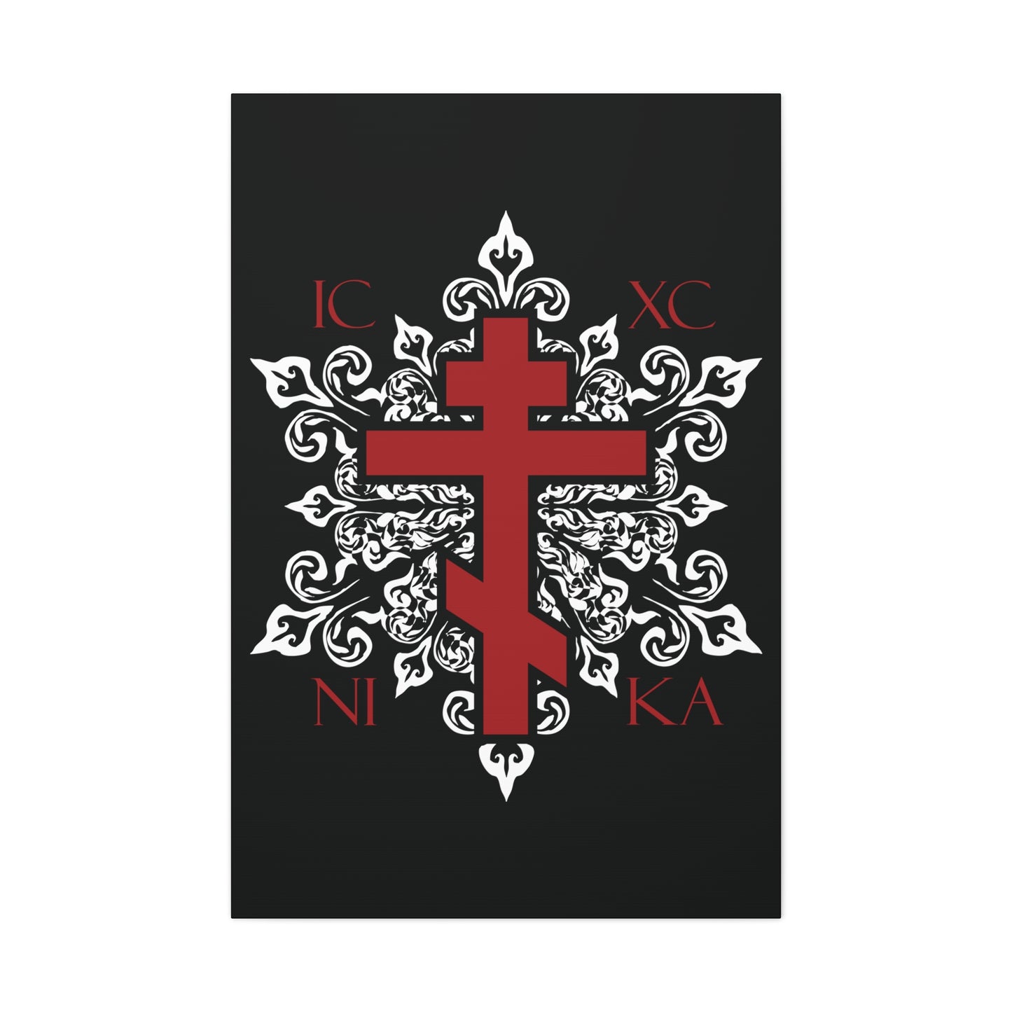 ICXC / NIKA Red Orthodox Cross on Ornate White Medieval Floral Design | Exclusive Best-Selling | Orthodox Christian Canvas Art