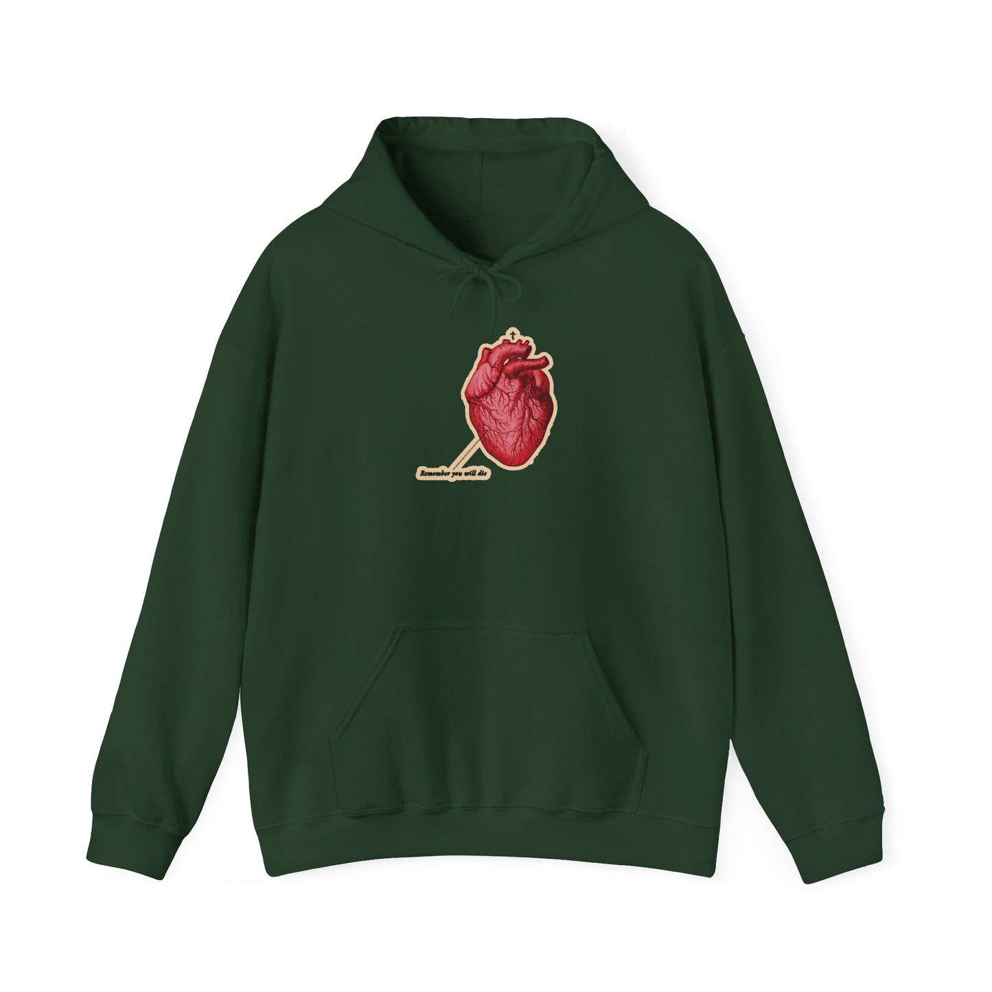 Forest green hoodie with a retro medical heart design, Orthodox cross, and "Remember You Will Die" theme. Features "Memento Mori" and "It’s Later Than You Think" Christian graphics inspired by repentance and God's mercy.
