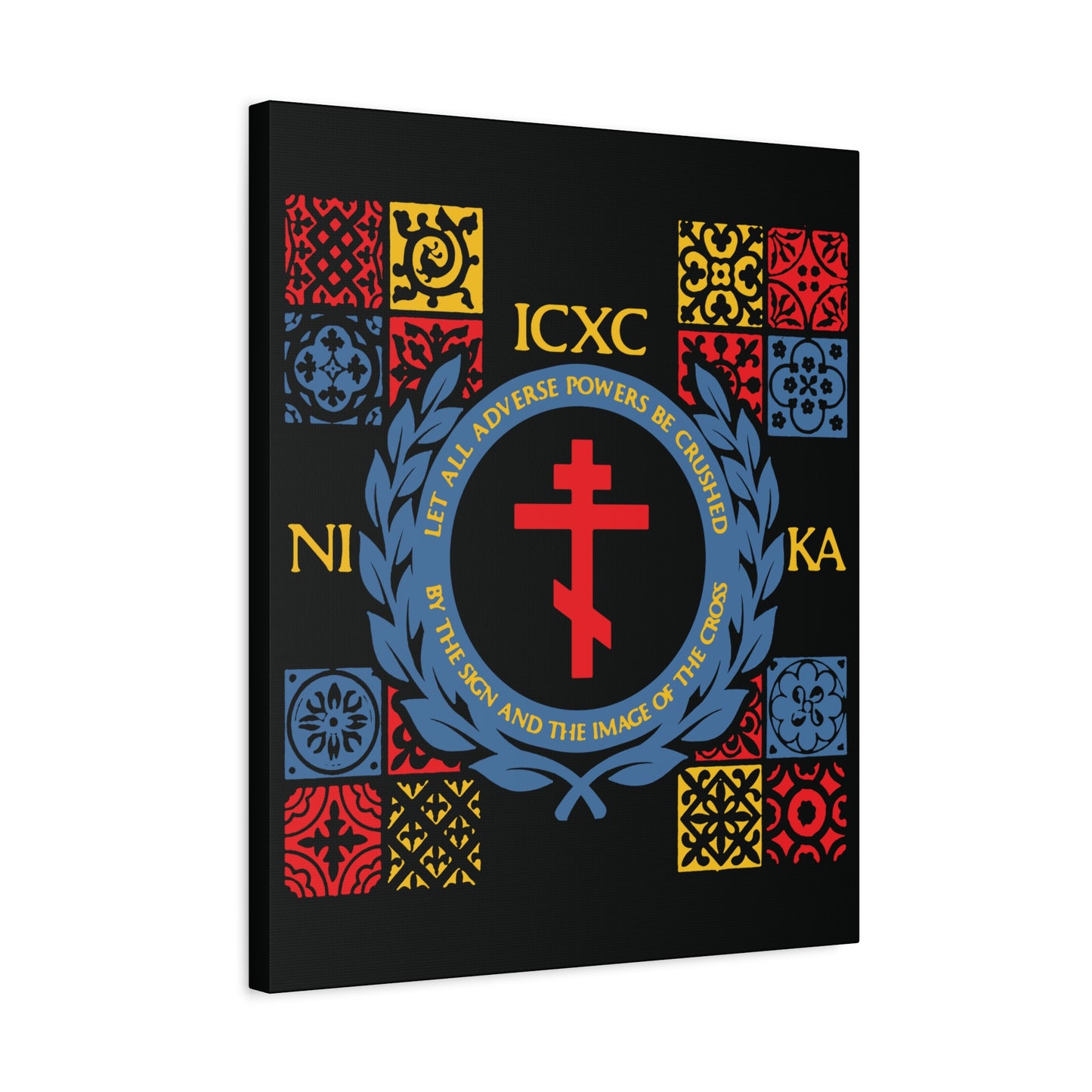 Let All Adverse Powers Be Crushed (Red, Yellow & Blue Design) | ICXC NIKA | Medieval Tile Design | Orthodox Christian Canvas Art