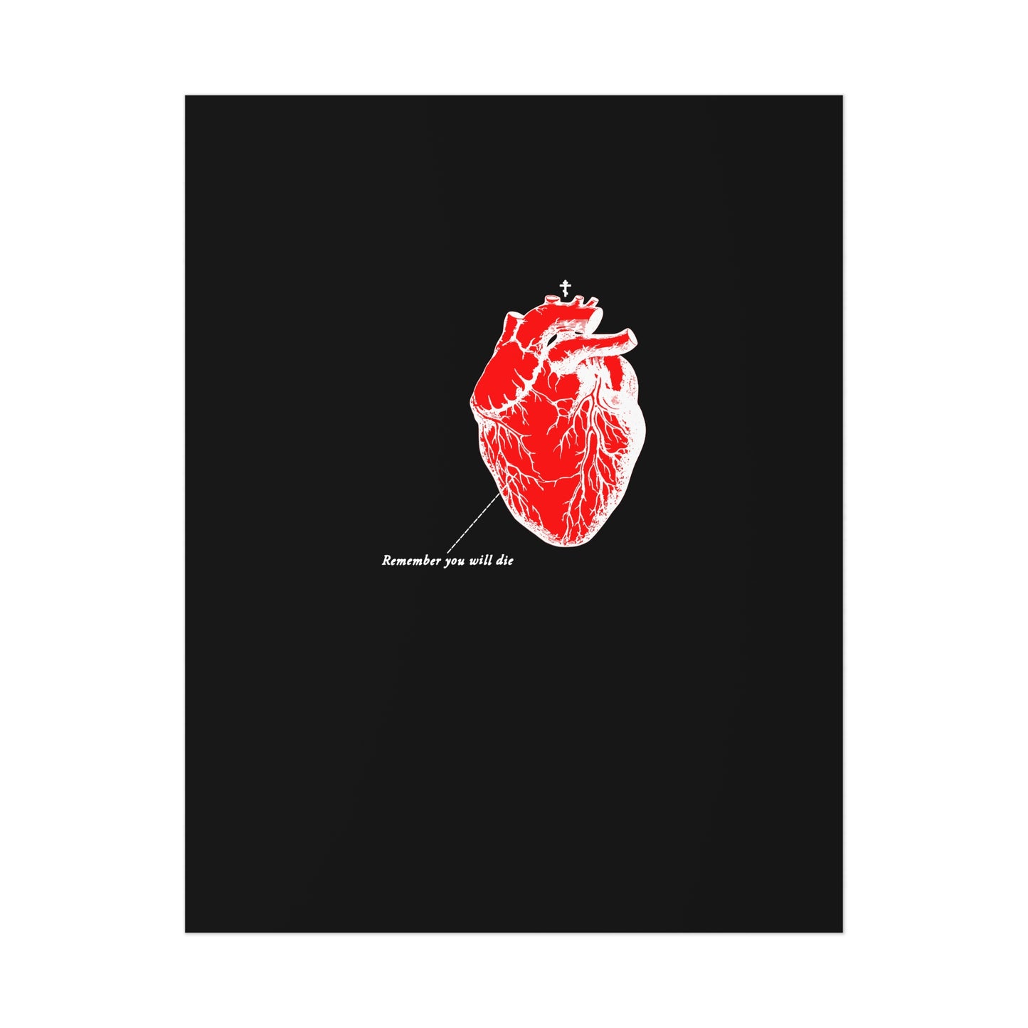 This eco-friendly poster, printed on sustainable cardstock, displays a red anatomical heart on a black backdrop with the powerful message Remember you will die in white. Titled Remember You Will Die | Retro Medical Textbook Heart Design | Inverted Shadows | Orthodox Christian Art Poster.