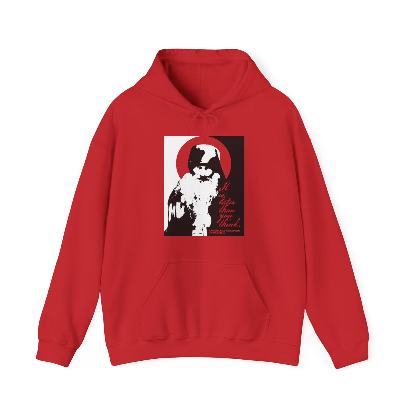 The "It's Later Than You Think" hoodie by Remembrance of Death features a bold black and white graphic of Fr. Seraphim Rose with a red sun, “Vietnam” and memento mori text—drawing on modern Orthodox themes of reflection and faith.
