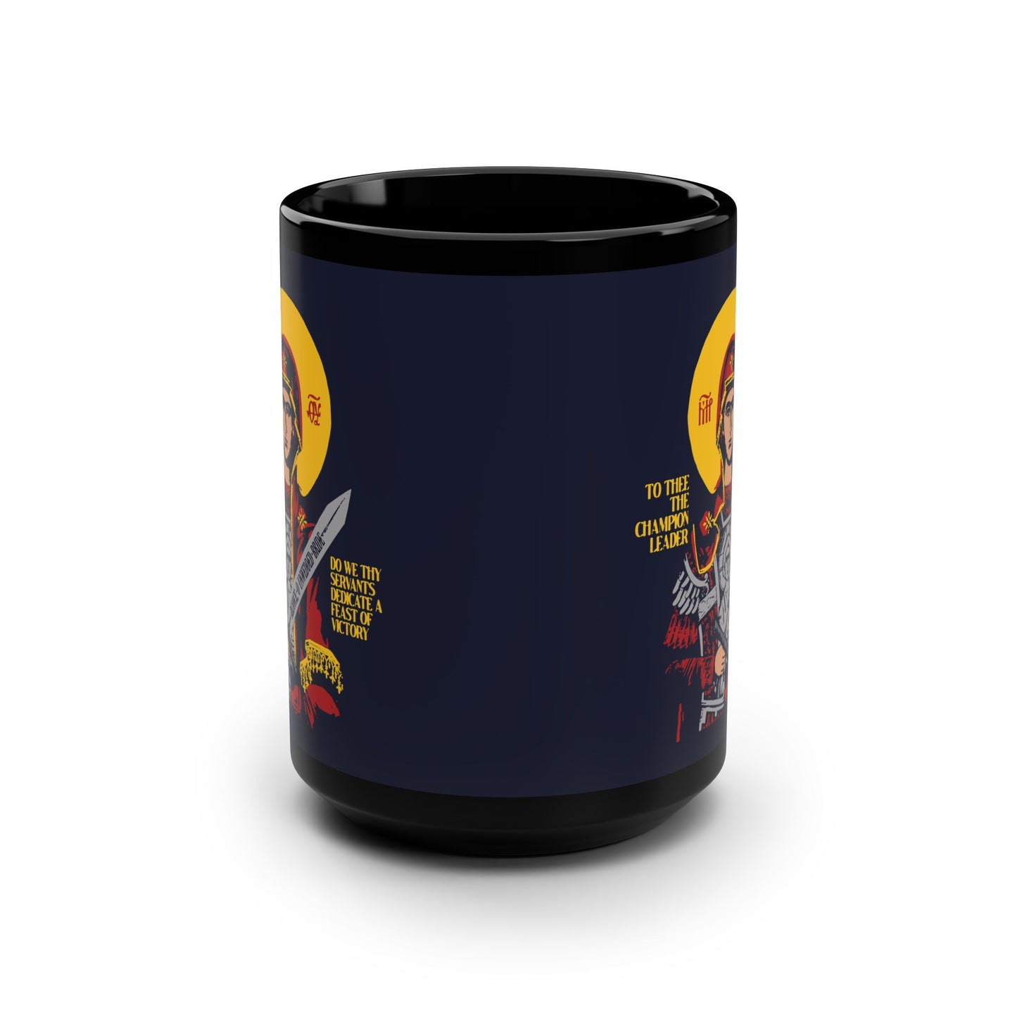 To Thee the Champion Leader | Mother of God | Theotokos with Sword IconoGraphic | Orthodox Christian Black Mug