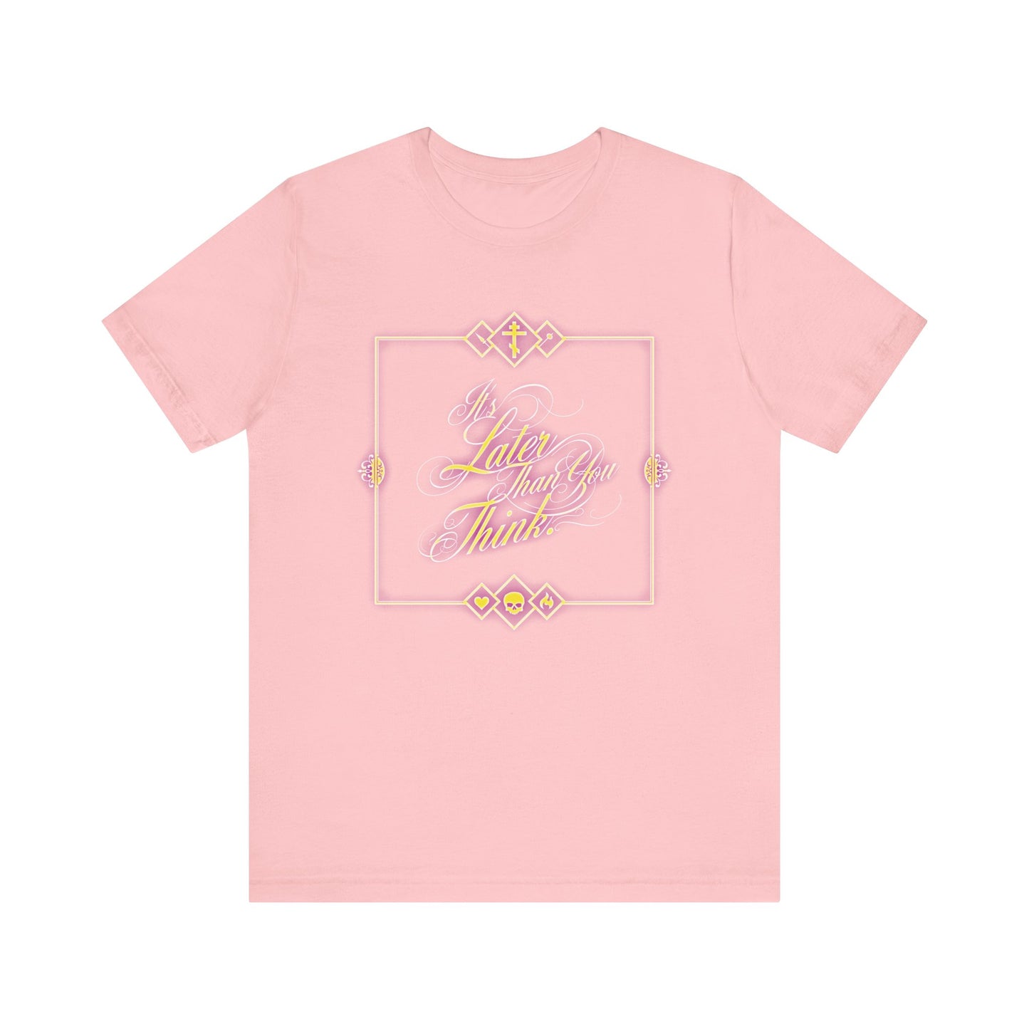 Wearing the "It’s Later Than You Think" lightweight pink cotton t-shirt, featuring glowing neon cursive typography inspired by Fr. Seraphim Rose and framed with ornate patterns, serves as a subtle Orthodox Christian reminder to reflect on mortality and contemplate one’s eternal destiny.
