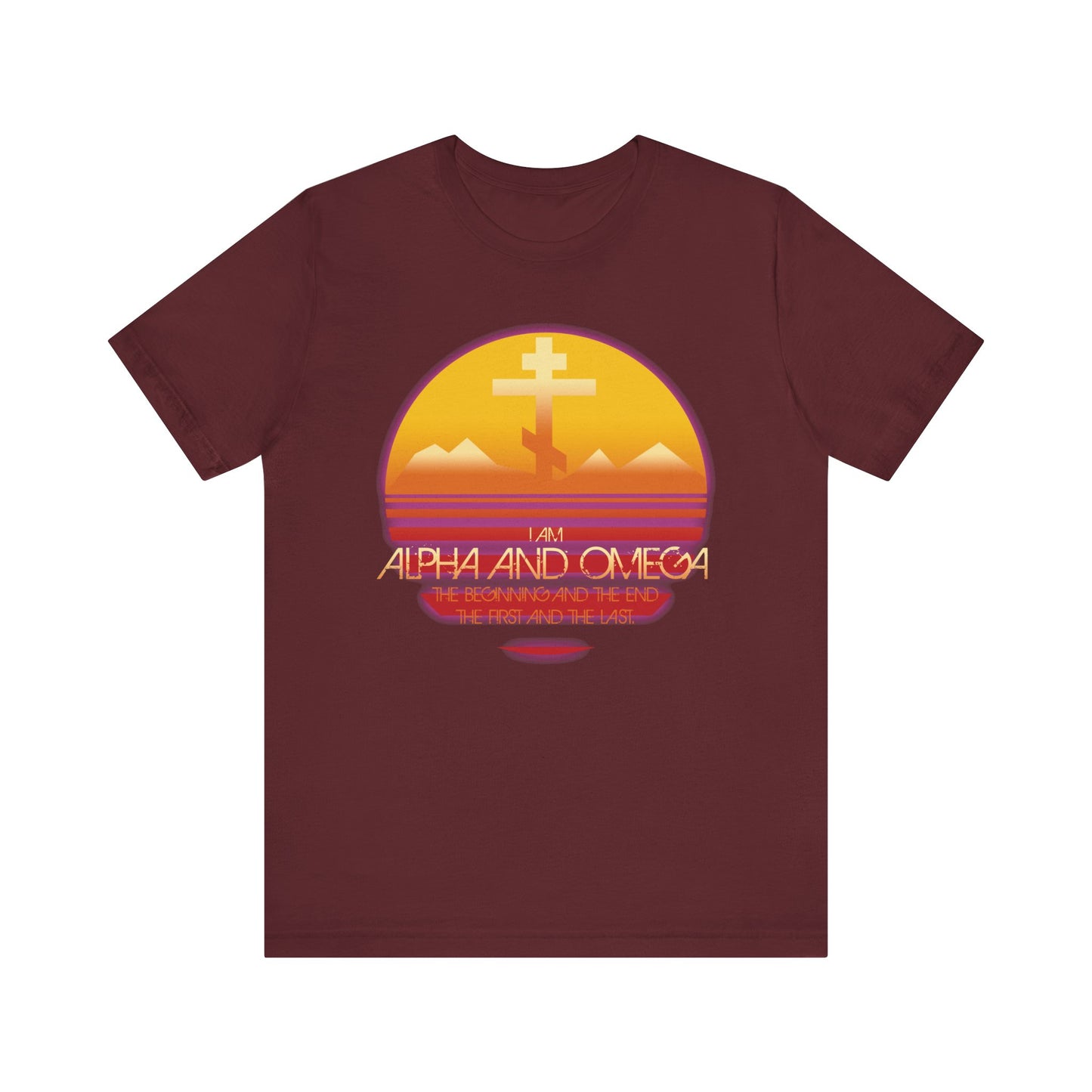 Maroon "Alpha & Omega Beginning & End (Rev 22:13)" tee featuring an Orthodox cross, sunset, mountains, and 80s aesthetic design. Lightweight cotton unisex shirt—Christian apparel inspired by Revelation 22:13.
