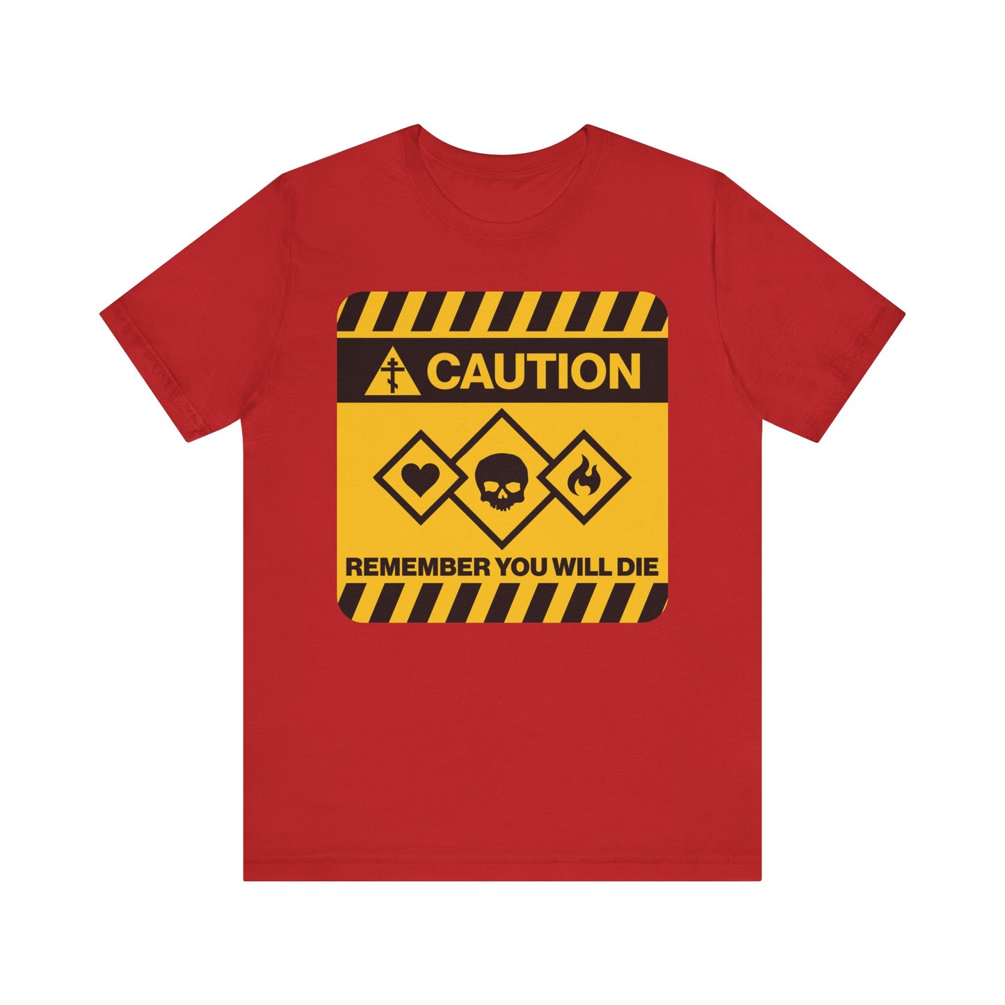 Certainly! Here’s a rewritten version of your sentence using the provided product data: Red “Remember You Will Die Yellow Caution Street Sign Design” Orthodox Christian lightweight cotton unisex tee, featuring warning icons and inspired by the Memento Mori tradition and the teachings of St. Irenaeus of Lyons.