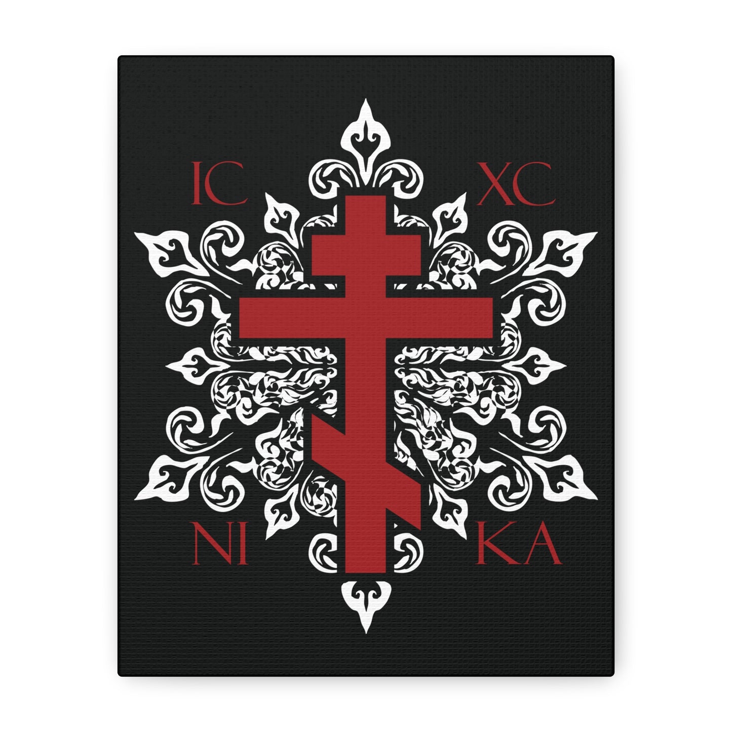 ICXC / NIKA Red Orthodox Cross on Ornate White Medieval Floral Design | Exclusive Best-Selling | Orthodox Christian Canvas Art