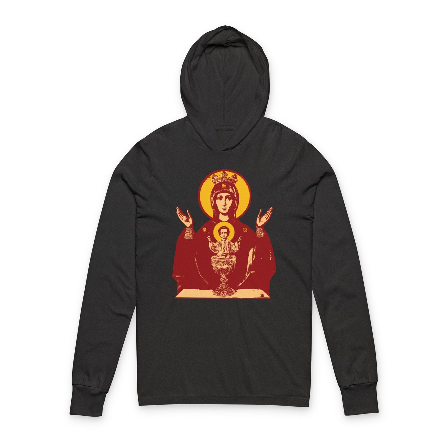 Charcoal Black TriBlend hoodie featuring the Holy Theotokos IconoGraphic of the Inexhaustible Chalice—the Orthodox Deliverer from Addictions and Conqueror of Passions—on the front.