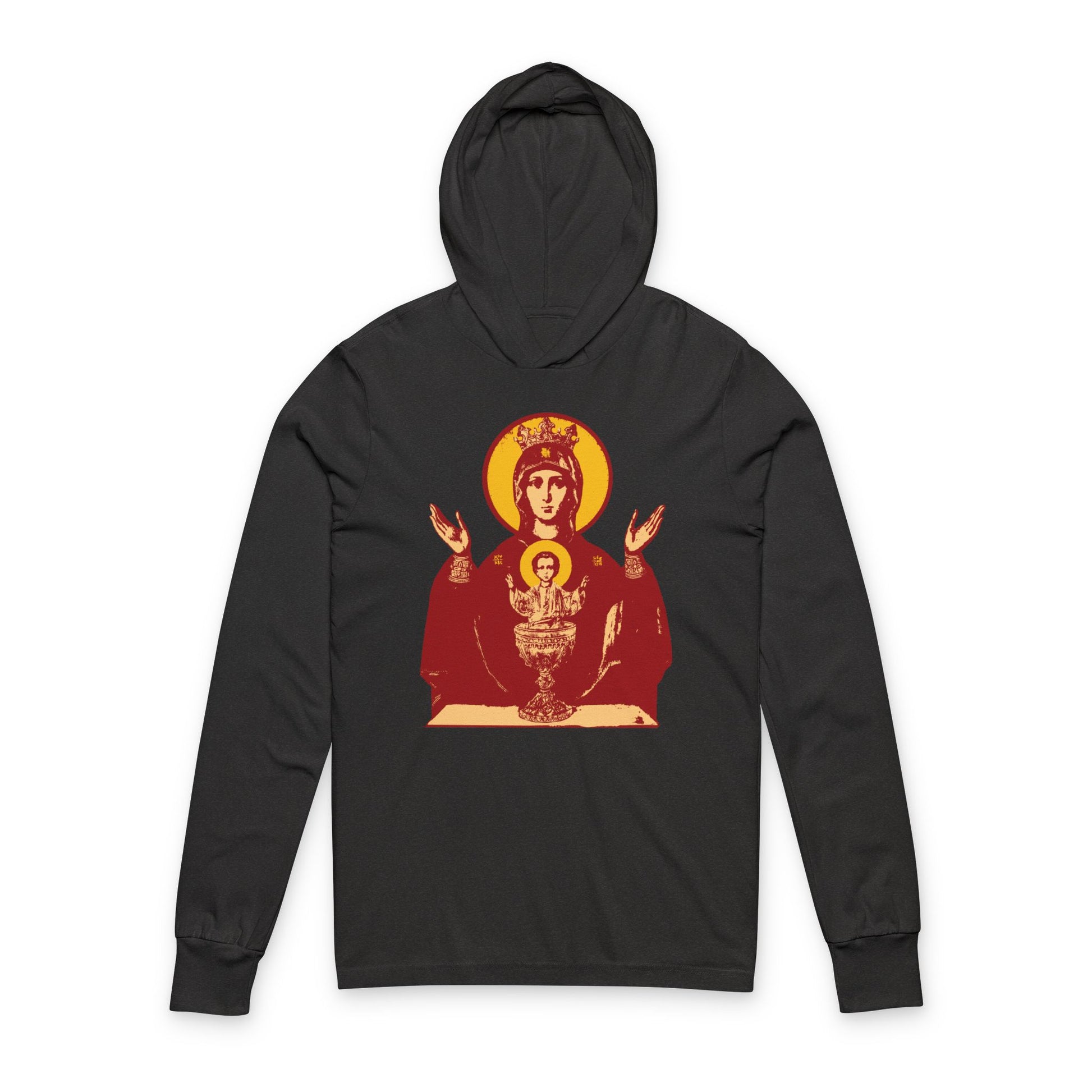 Charcoal Black TriBlend hoodie featuring the Holy Theotokos IconoGraphic of the Inexhaustible Chalice—the Orthodox Deliverer from Addictions and Conqueror of Passions—on the front.