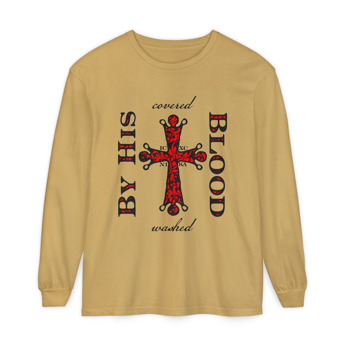 Washed/Covered By His Blood (1 John 1:7) | ICXC NIKA Ornate Red Orthodox Cross | Orthodox Christian Long Sleeve Shirt