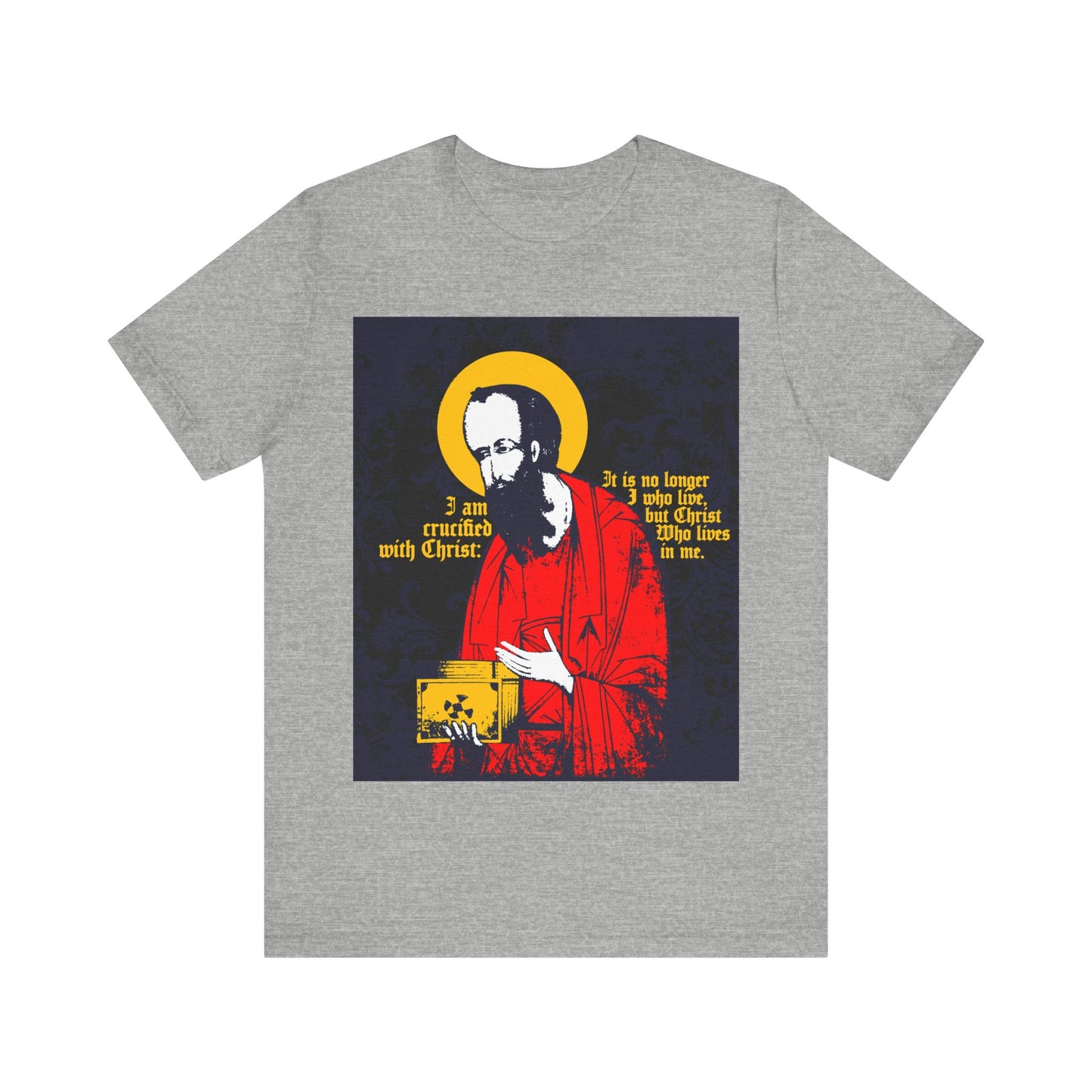 Athletic Heather t-shirt with "St Paul Holding Gospel" icon, yellow halo, and "I am crucified with Christ" (Galatians 2:20), inspired by Orthodox Christian tradition and celebrating new life in Christ.