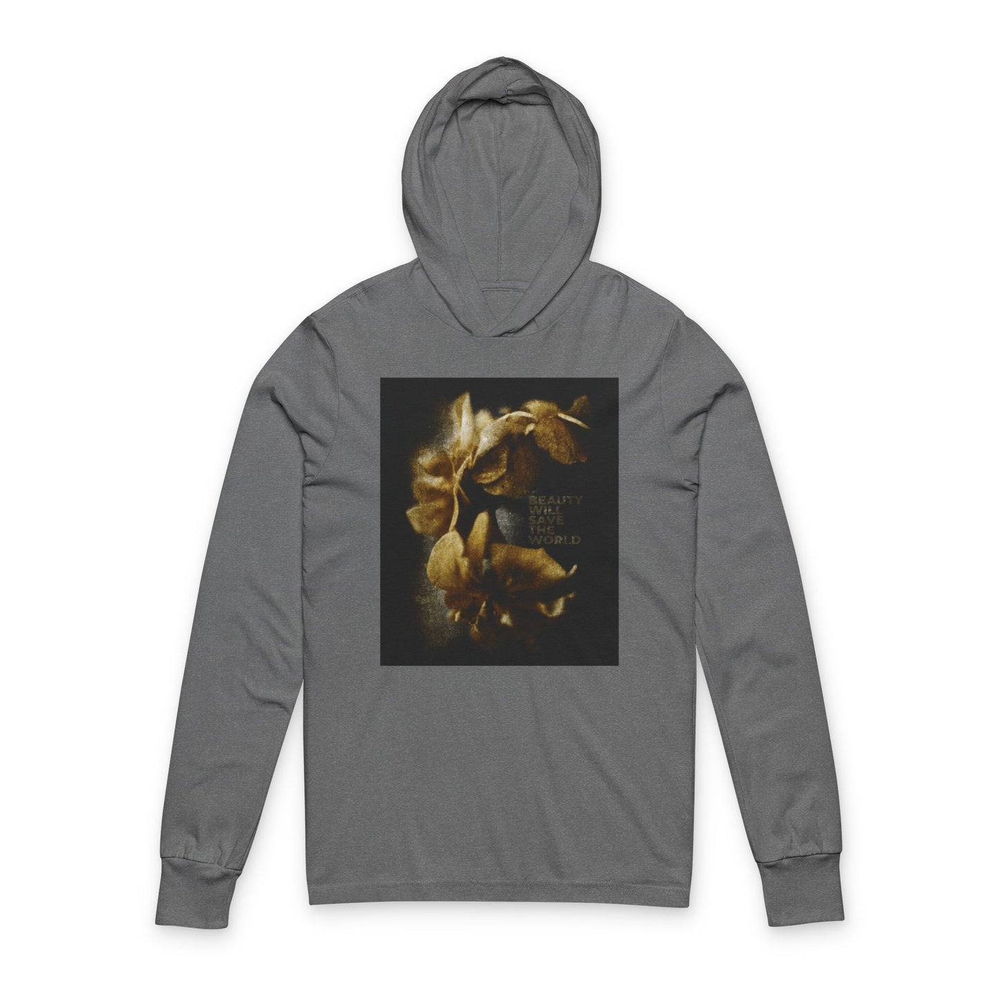 Grey TriBlend hoodie featuring the phrase "Beauty Will Save the World" and a golden-toned floral photo graphic, inspired by Dostoevsky and honoring Jesus Christ, Universal Creator & King. Christian hooded shirt.