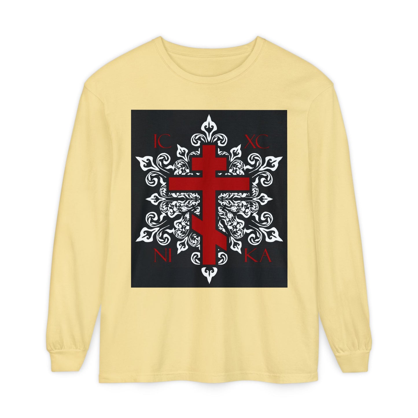 ICXC / NIKA Red Orthodox Cross on Ornate White Medieval Floral Design | Exclusive Best-Selling | Orthodox Christian Long Sleeve Shirt